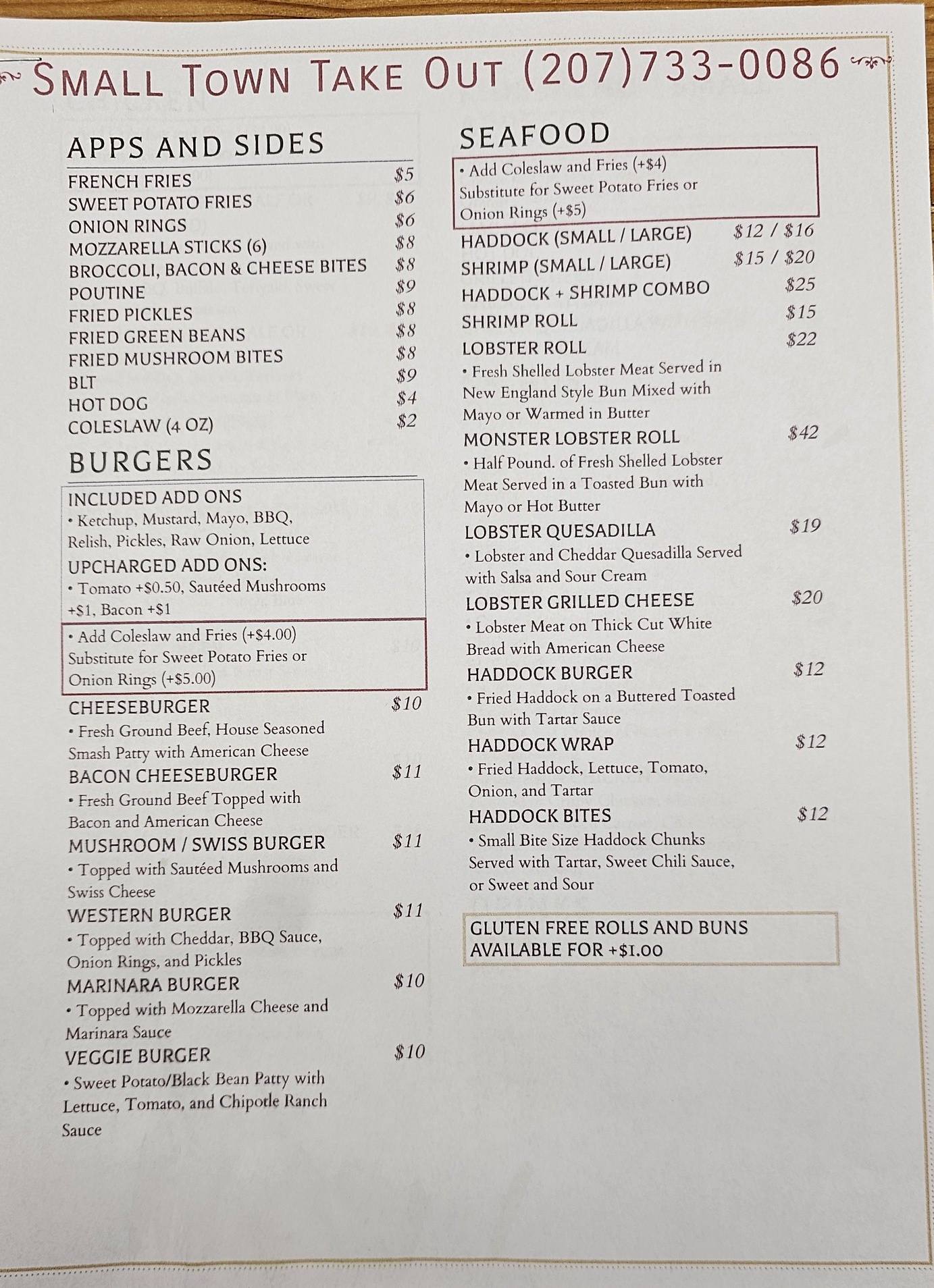 Small Town Takeout Menu