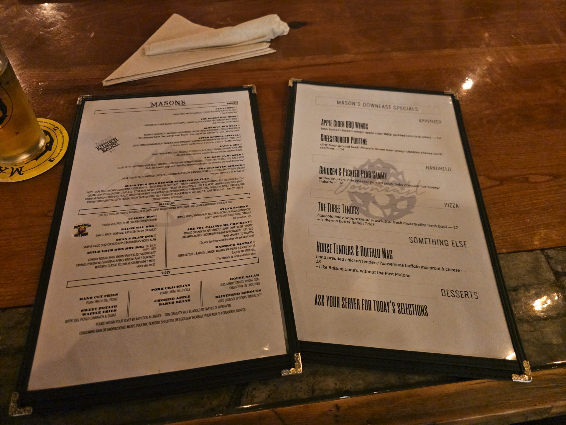 Mason's Brewing Company Downeast Menu