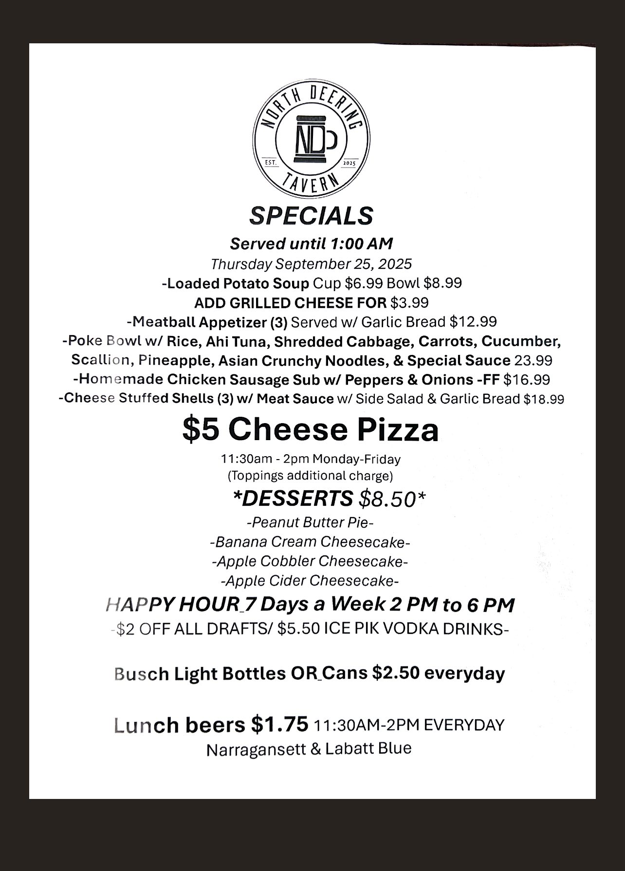 North Deering Tavern Menu