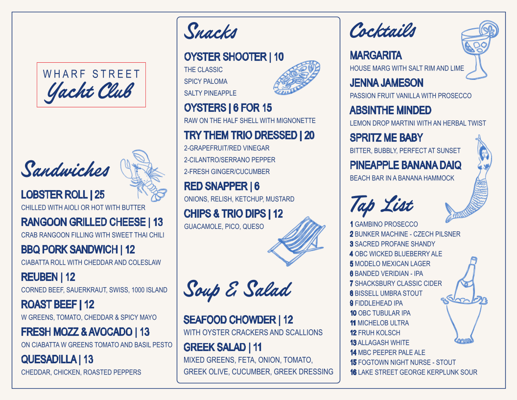Wharf Street Yacht Club Menu
