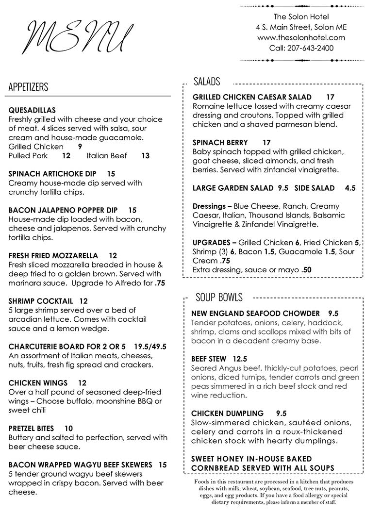 The Solon Hotel - Restaurant & Pub Menu