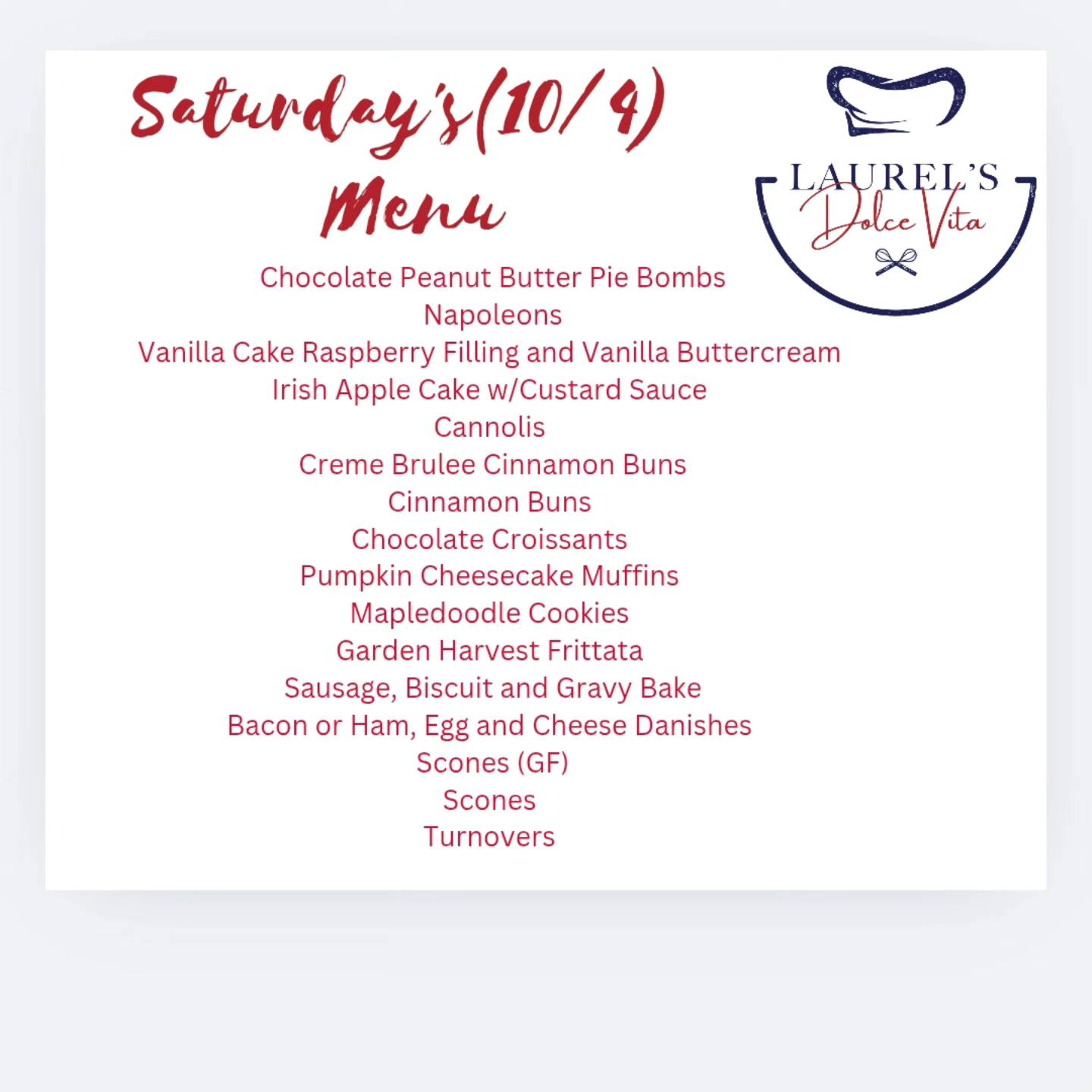 Laurel's Dolce Vita Menu