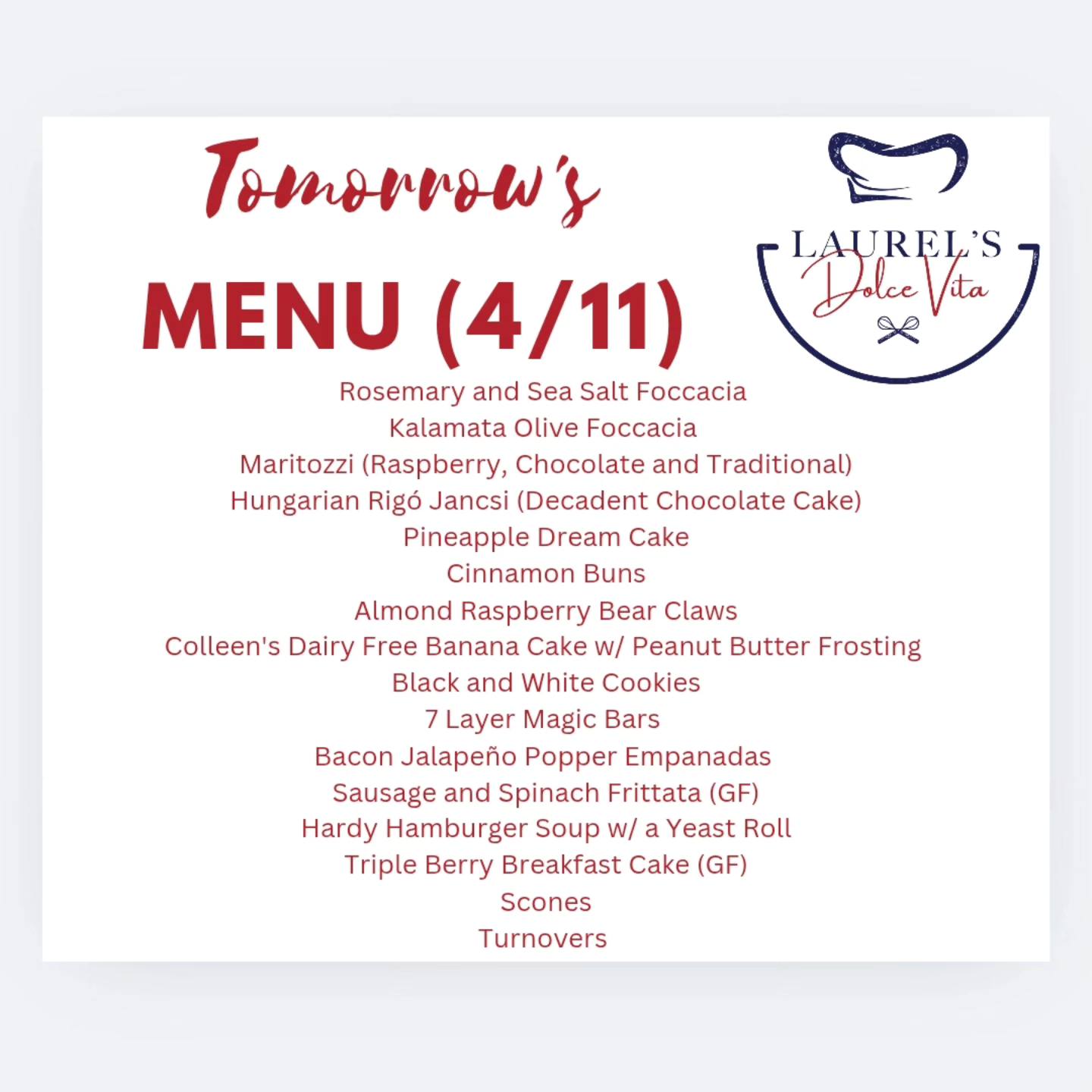 Laurel's Dolce Vita Menu