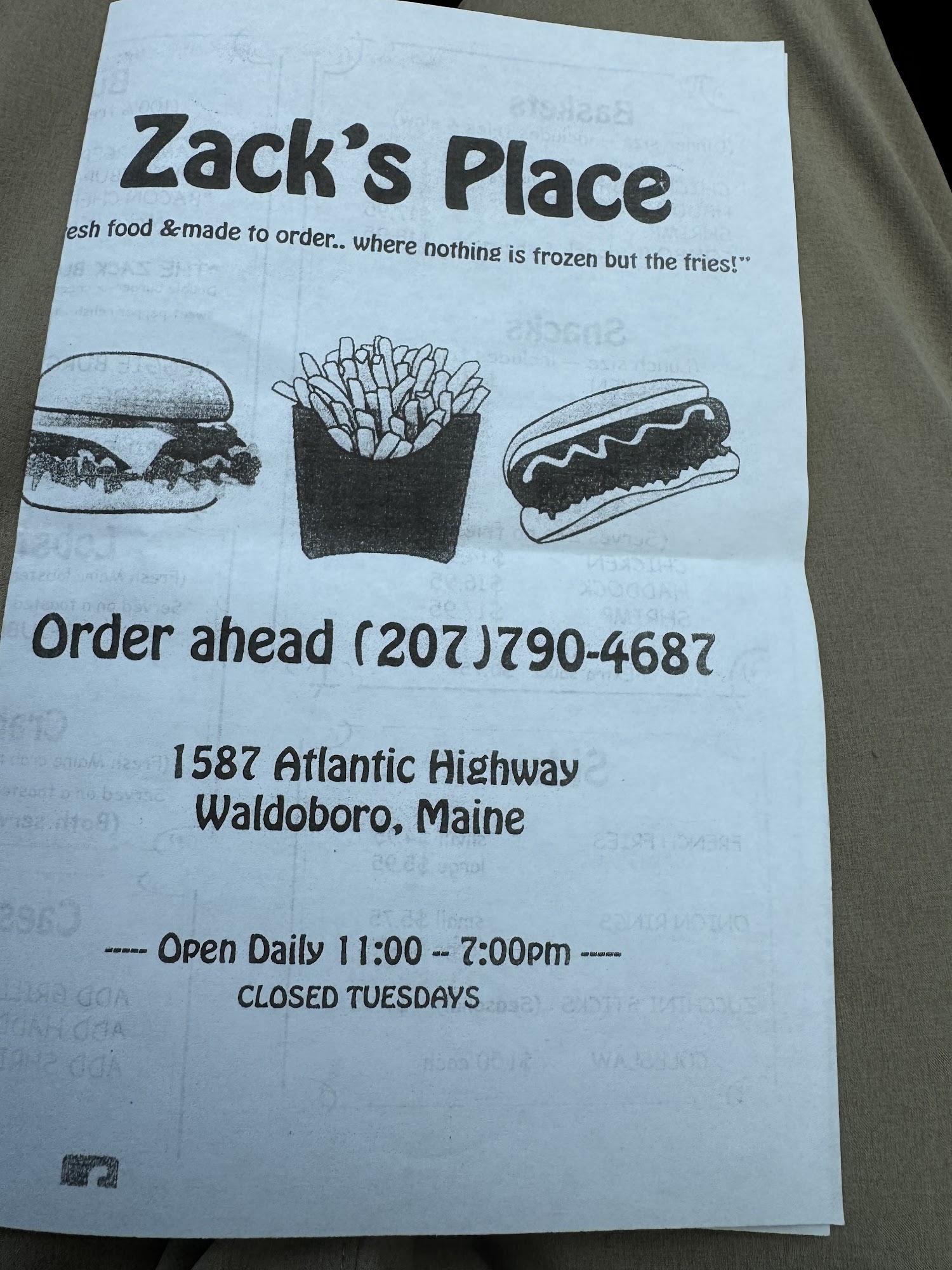 Zack's Place Menu