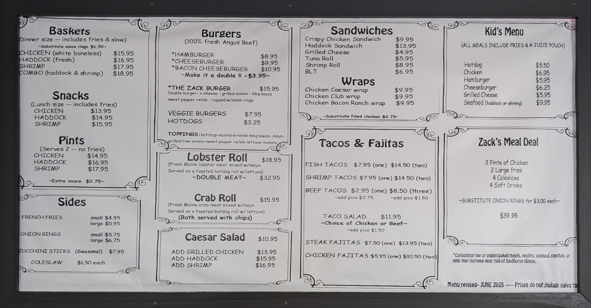 Zack's Place Menu