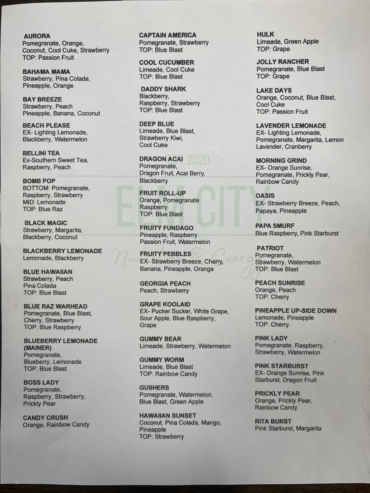 Elm City Nutrition and Energy Menu