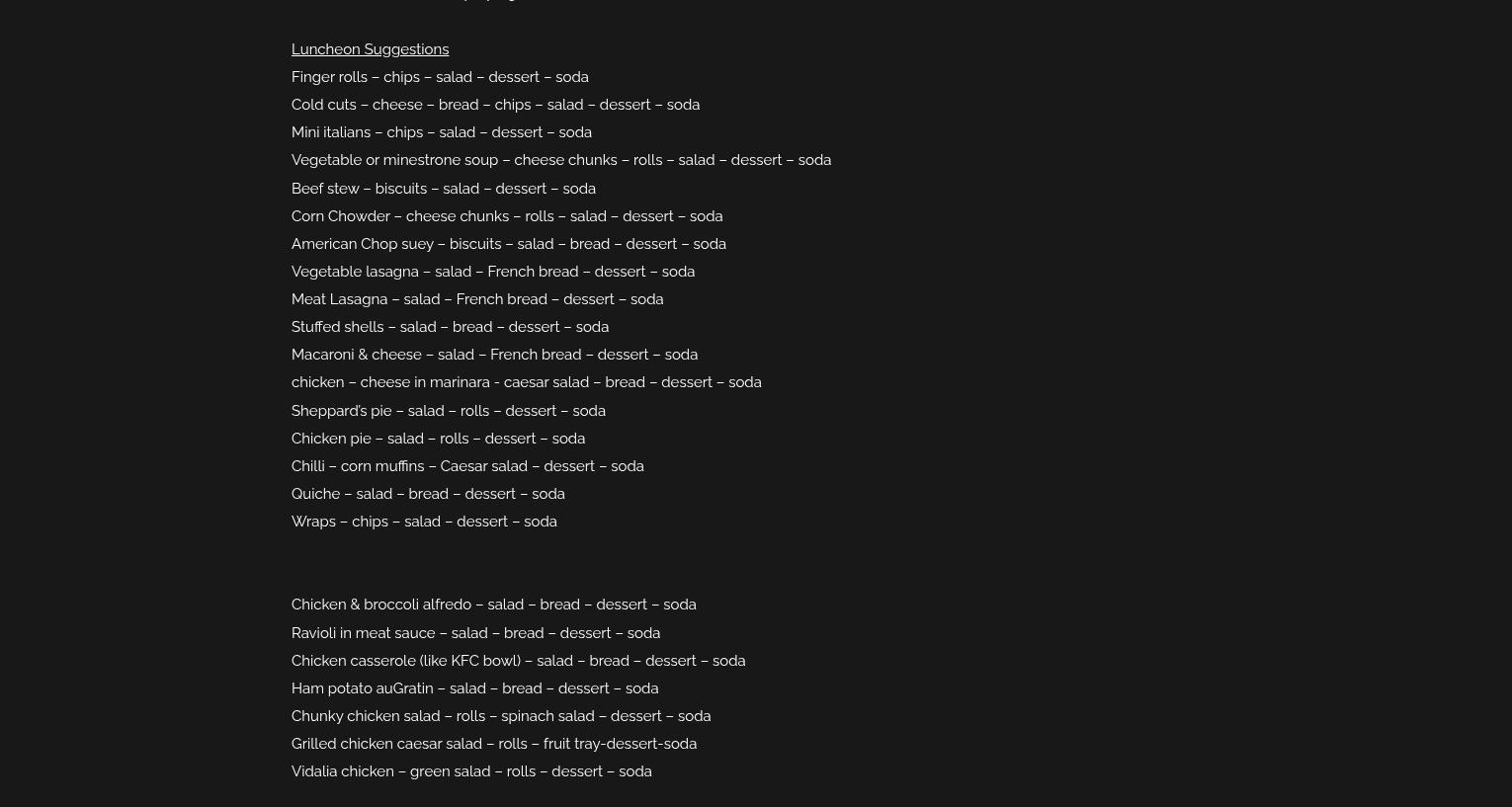 Just So Catering Menu