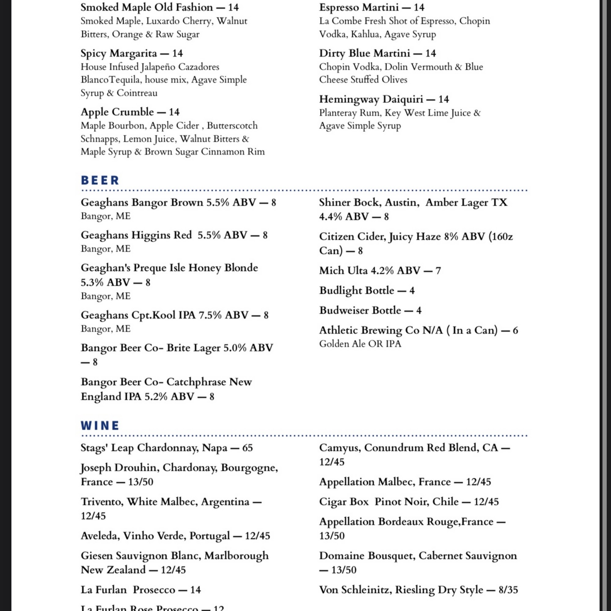 Humble Grumble Food & Spirits Menu