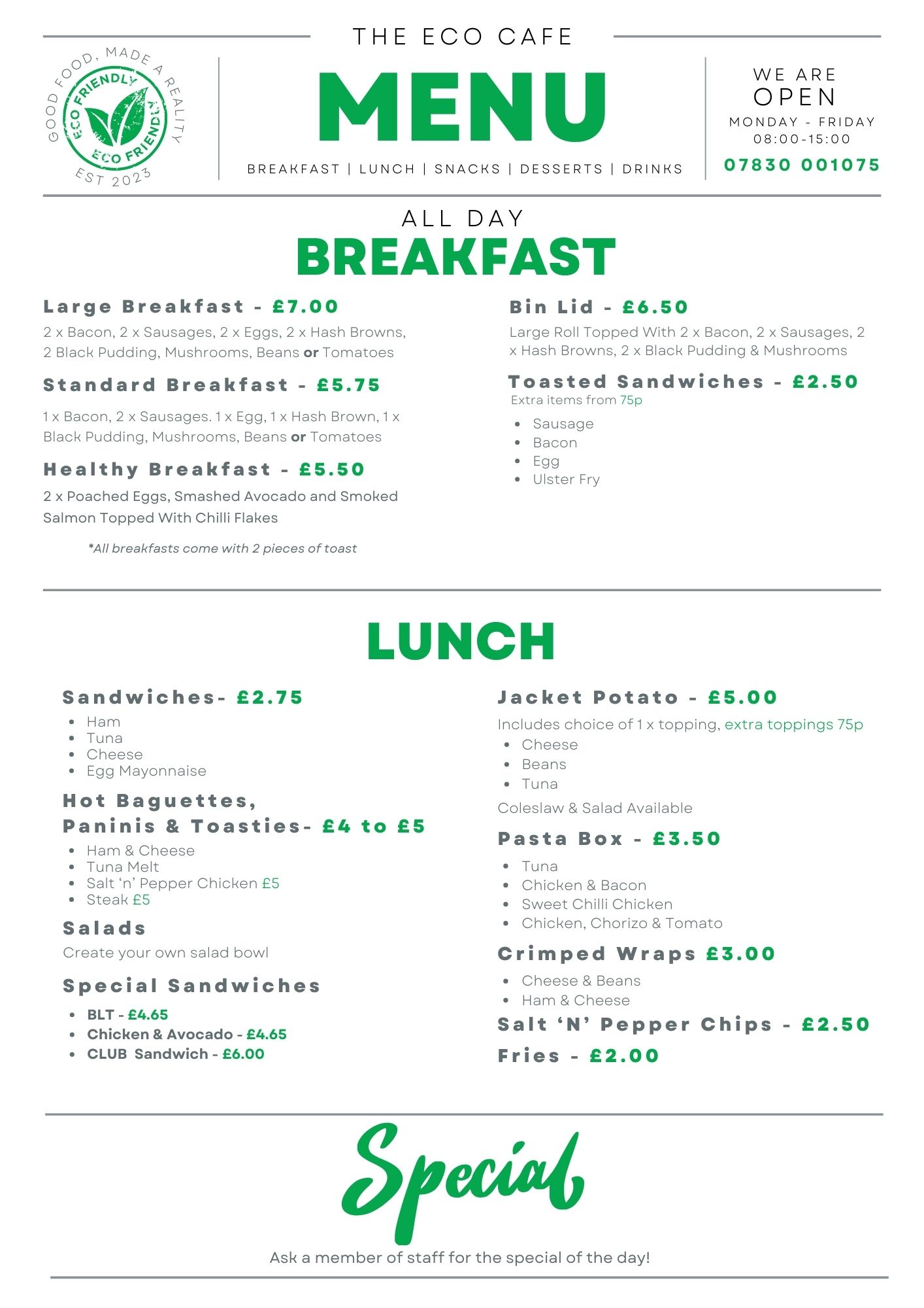 The Eco Cafe Menu