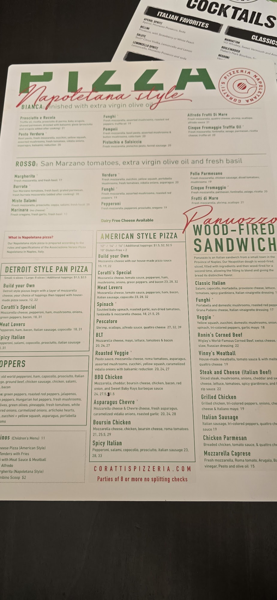 Coratti's Pizzeria Bar & Bocce Menu