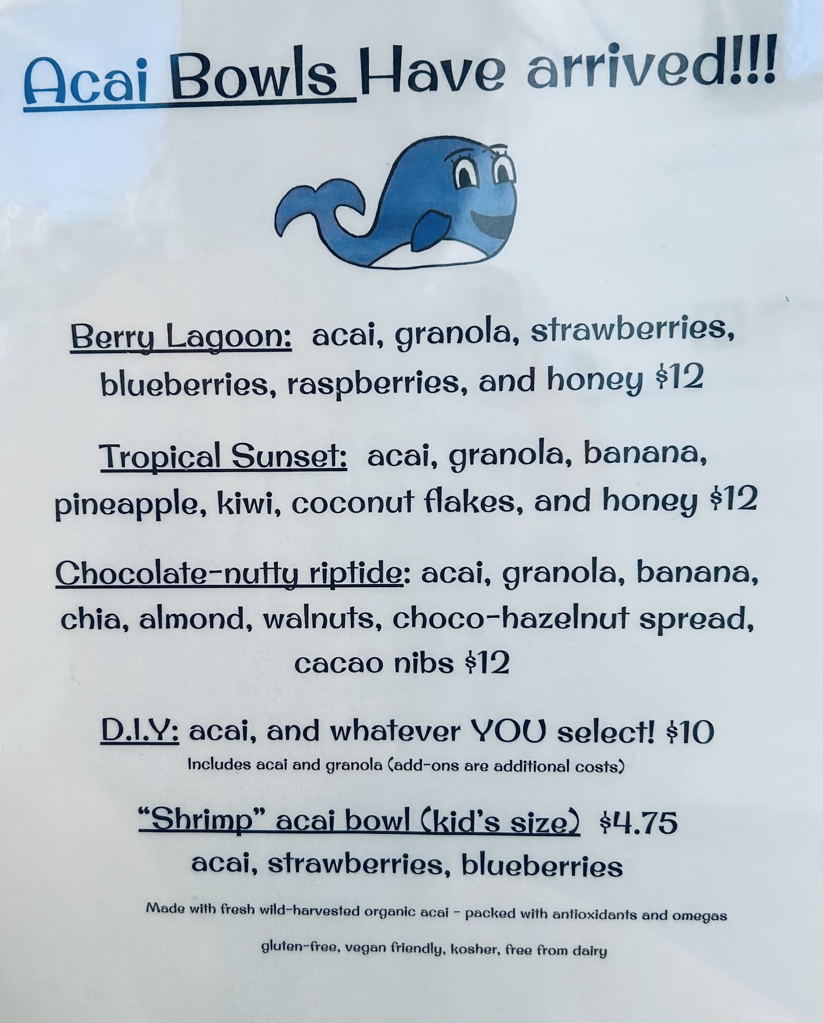 Blue Whale Cafe Menu