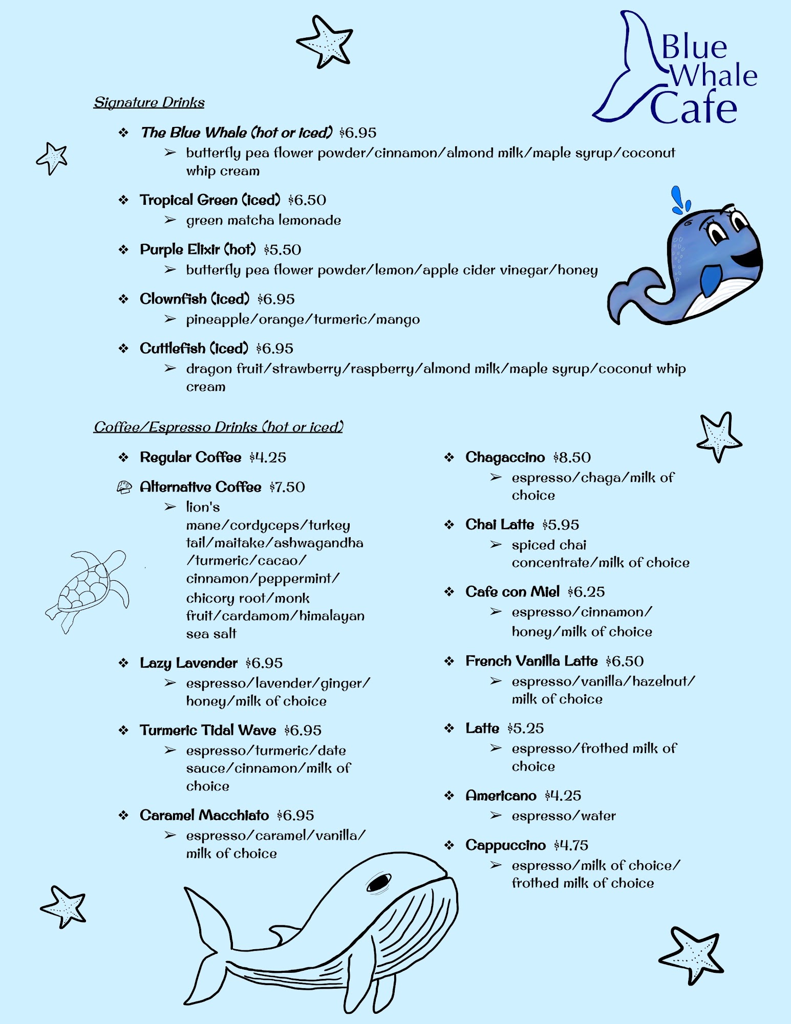 Blue Whale Cafe Menu