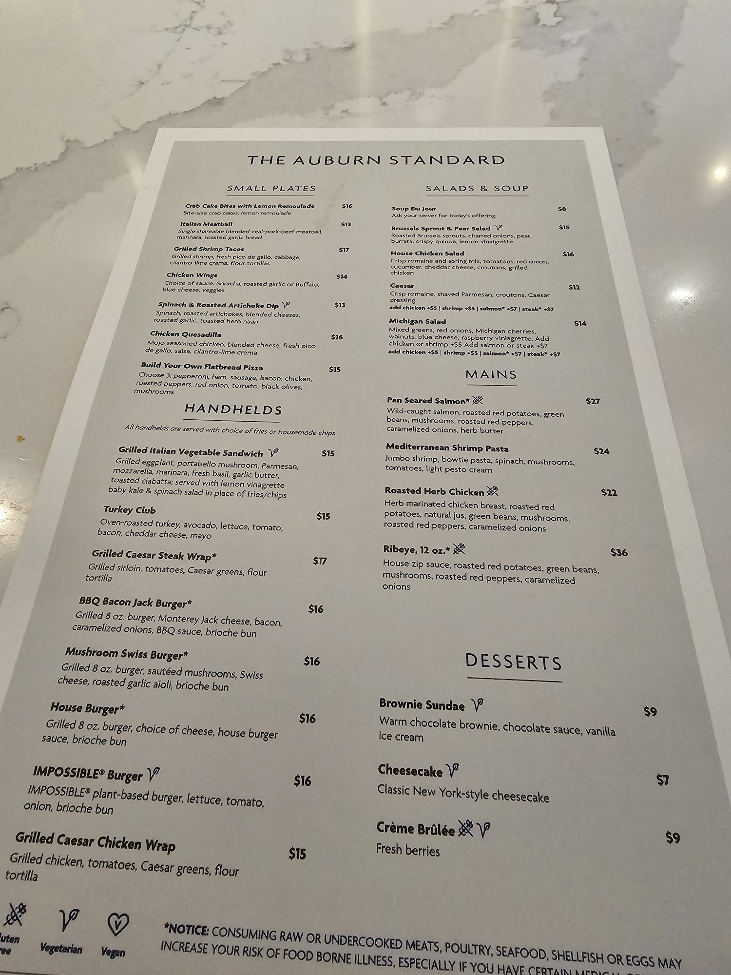 The Auburn Standard Menu