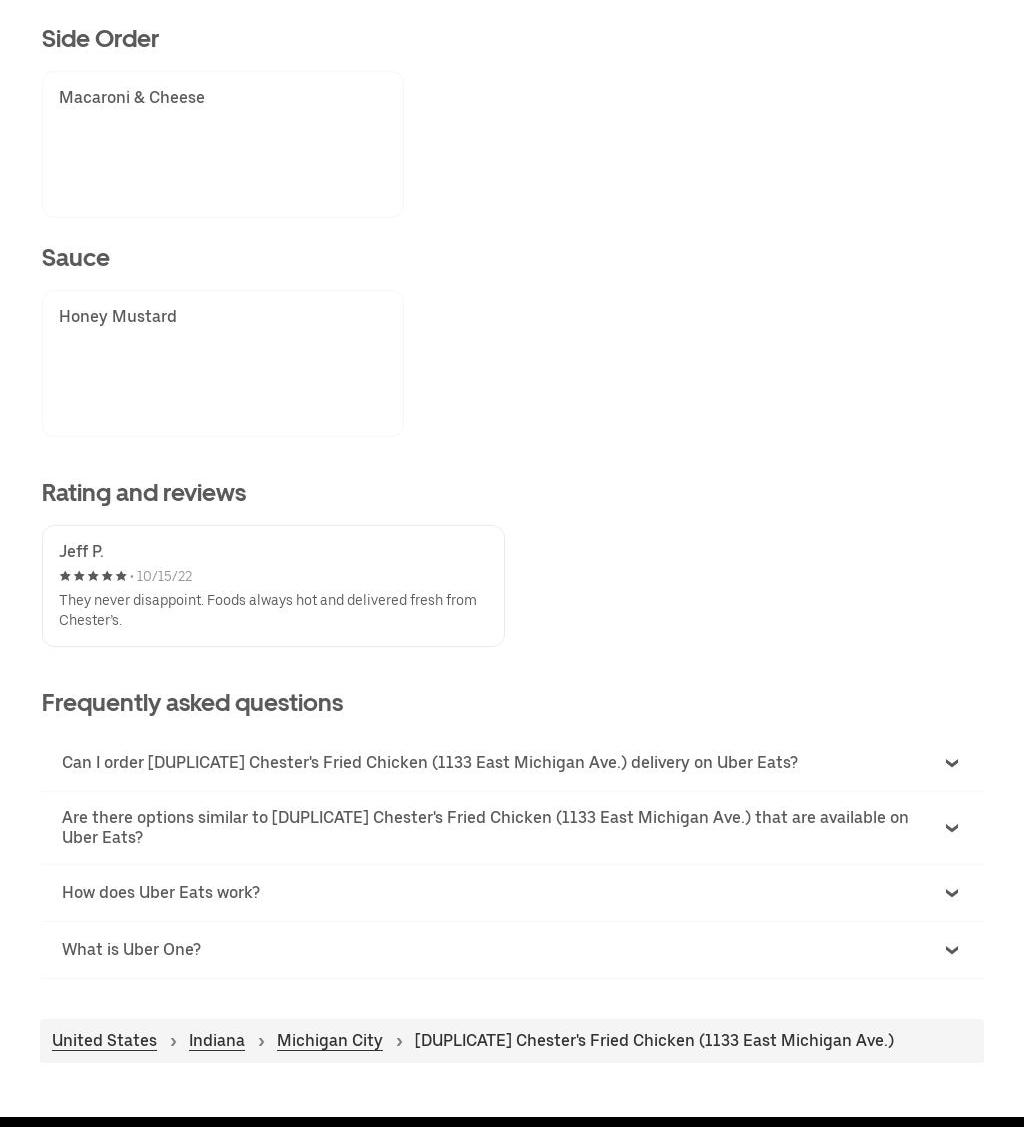 Chester's Chicken On The Run Menu