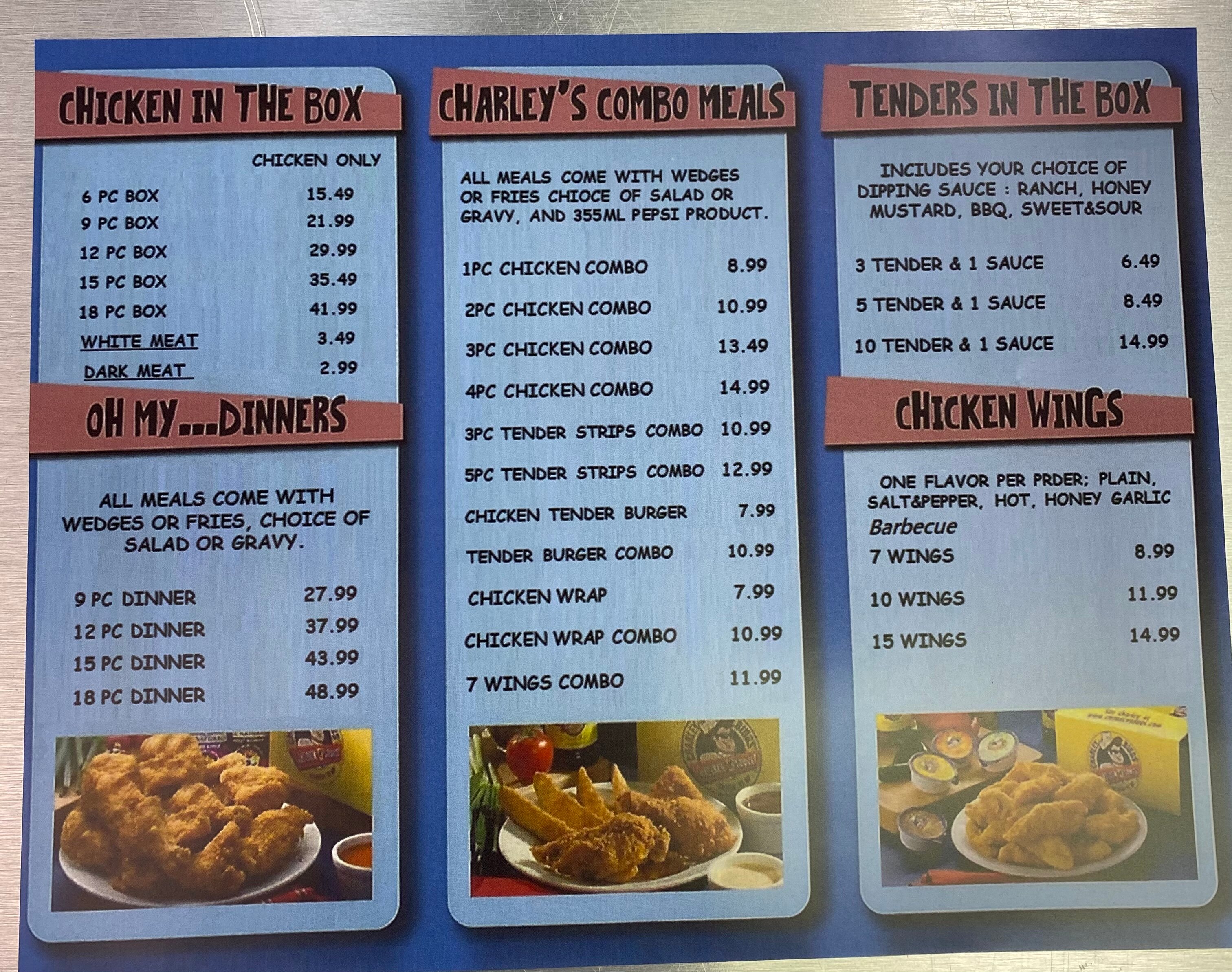 Charley Biggs’ Chicken Menu