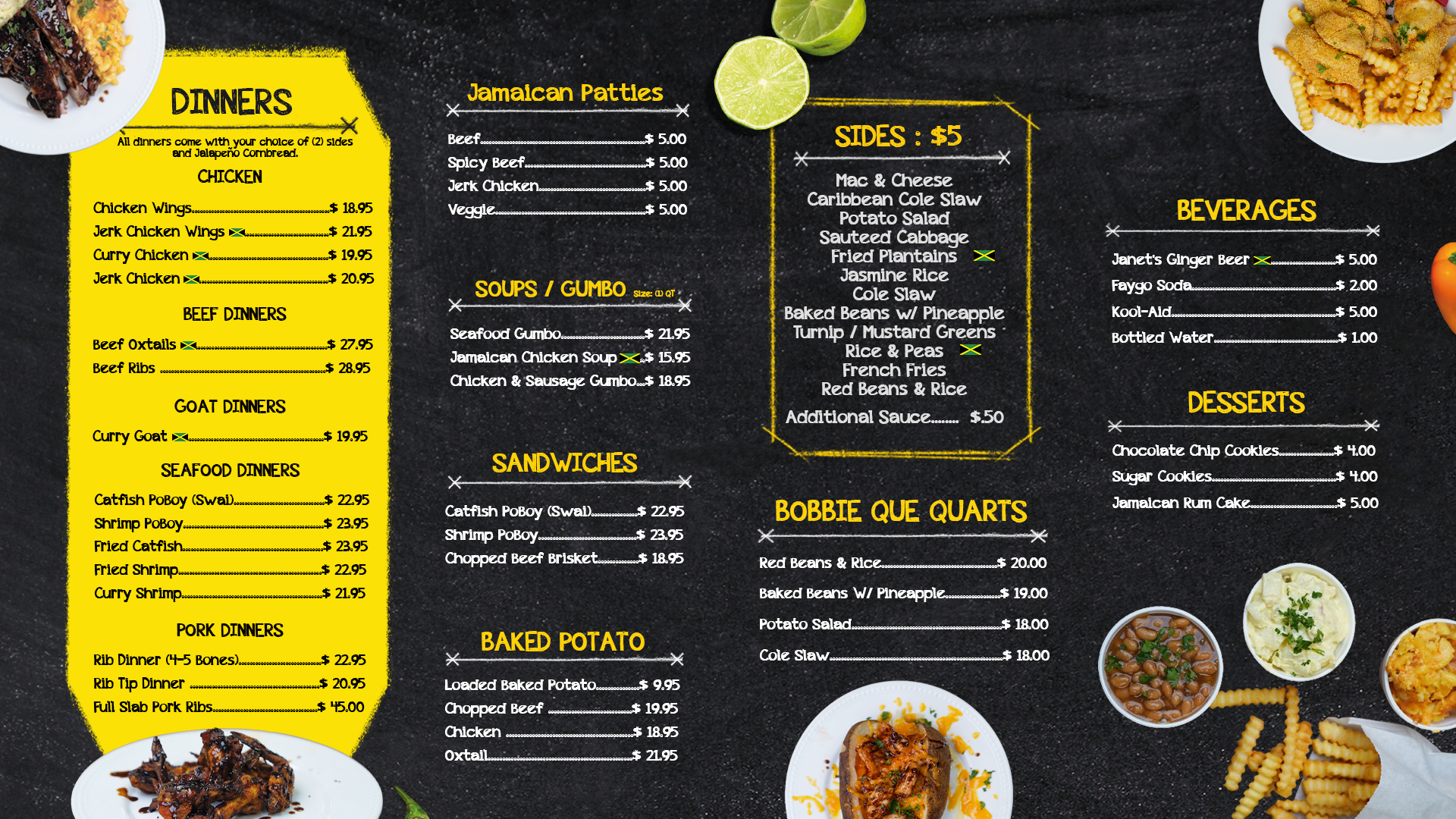 Bobbie Que's Ribs, Chicken and Jamaican Menu