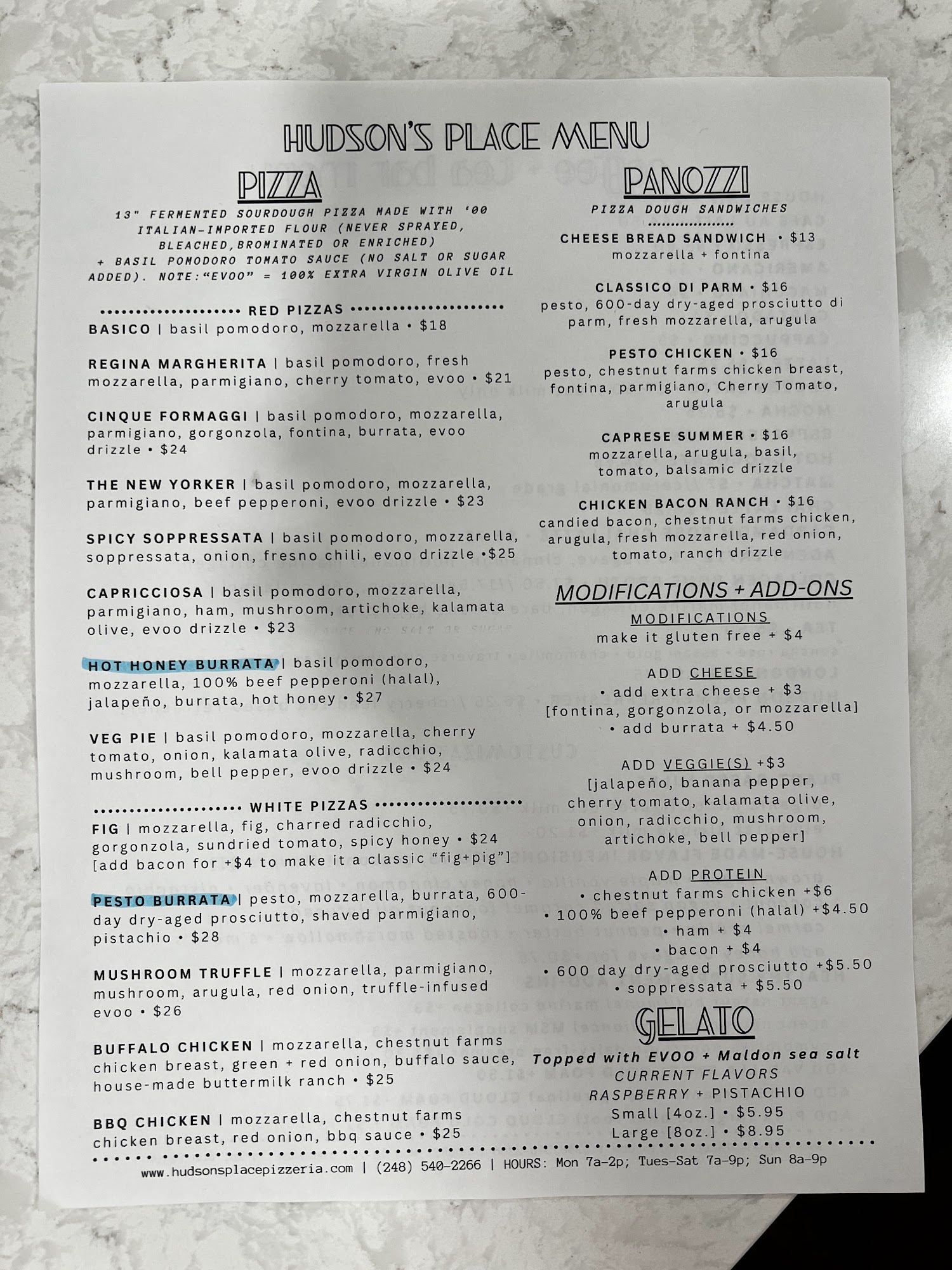 HUDSON'S PLACE Menu
