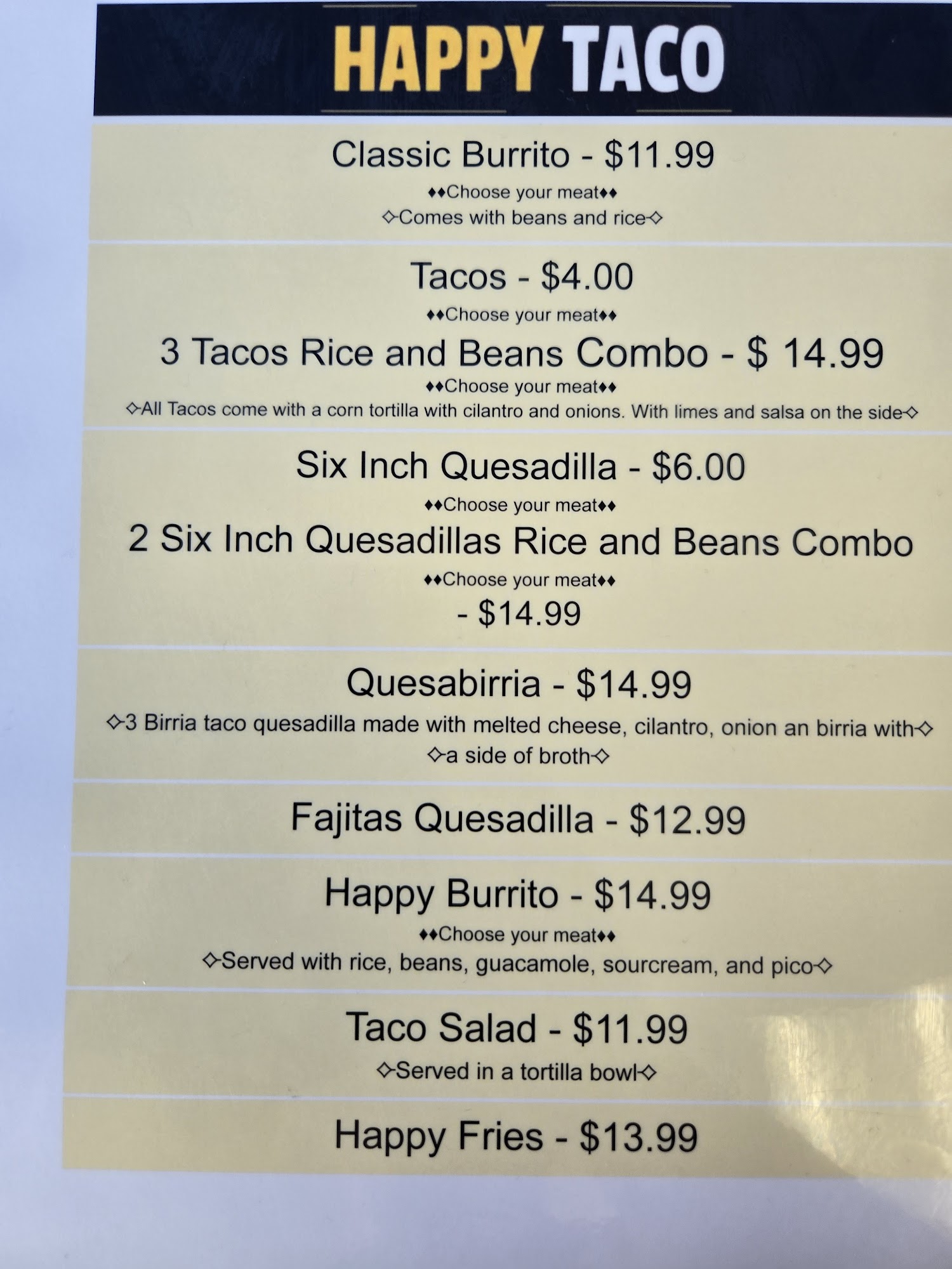 Happy Taco Menu