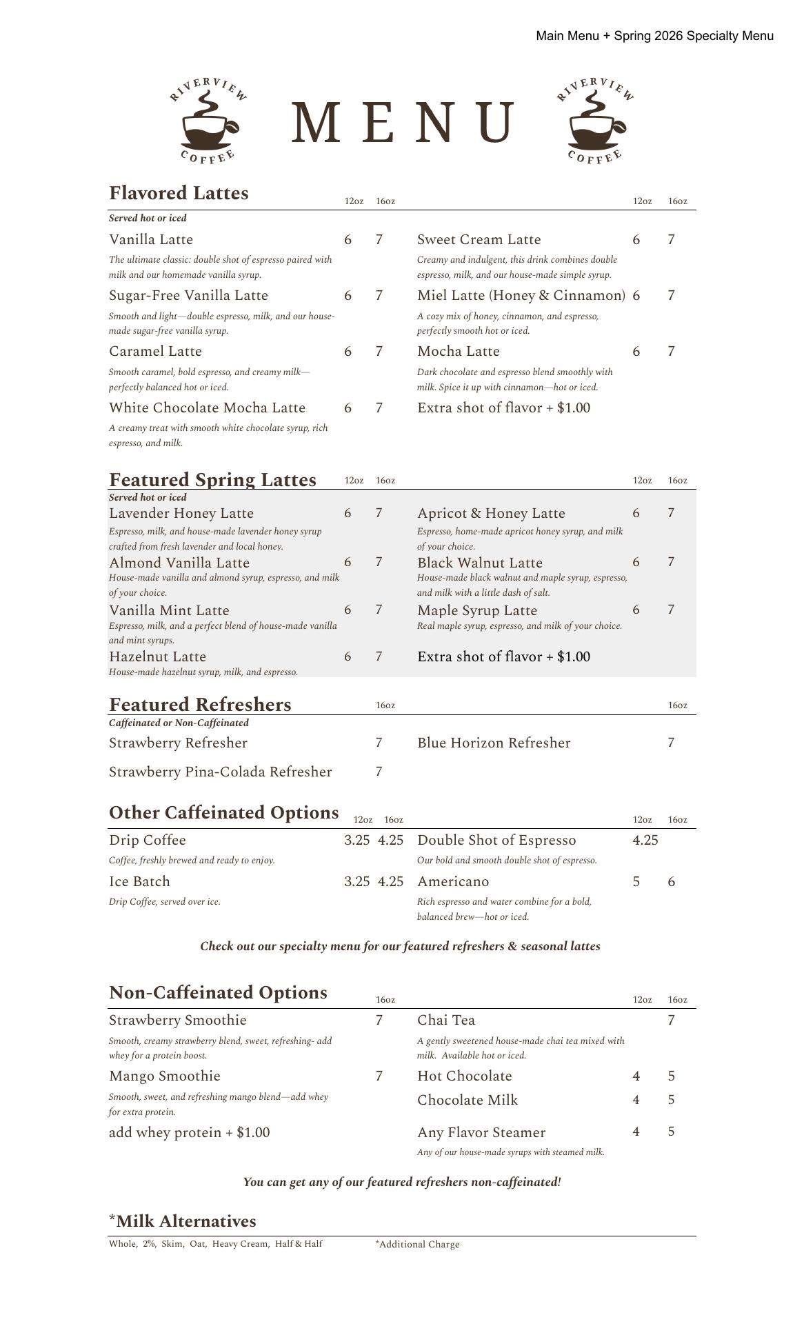 Riverview Coffee Menu