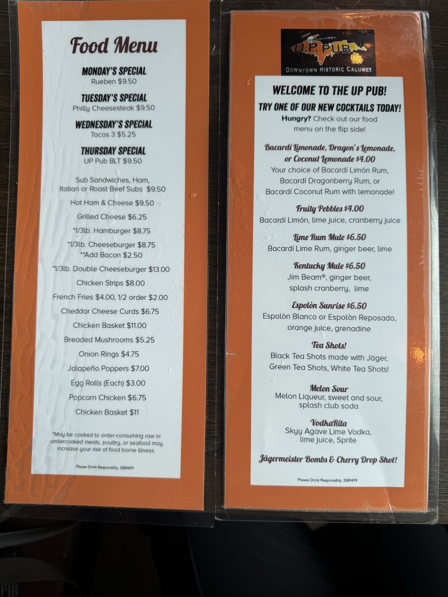 UP PUB Menu