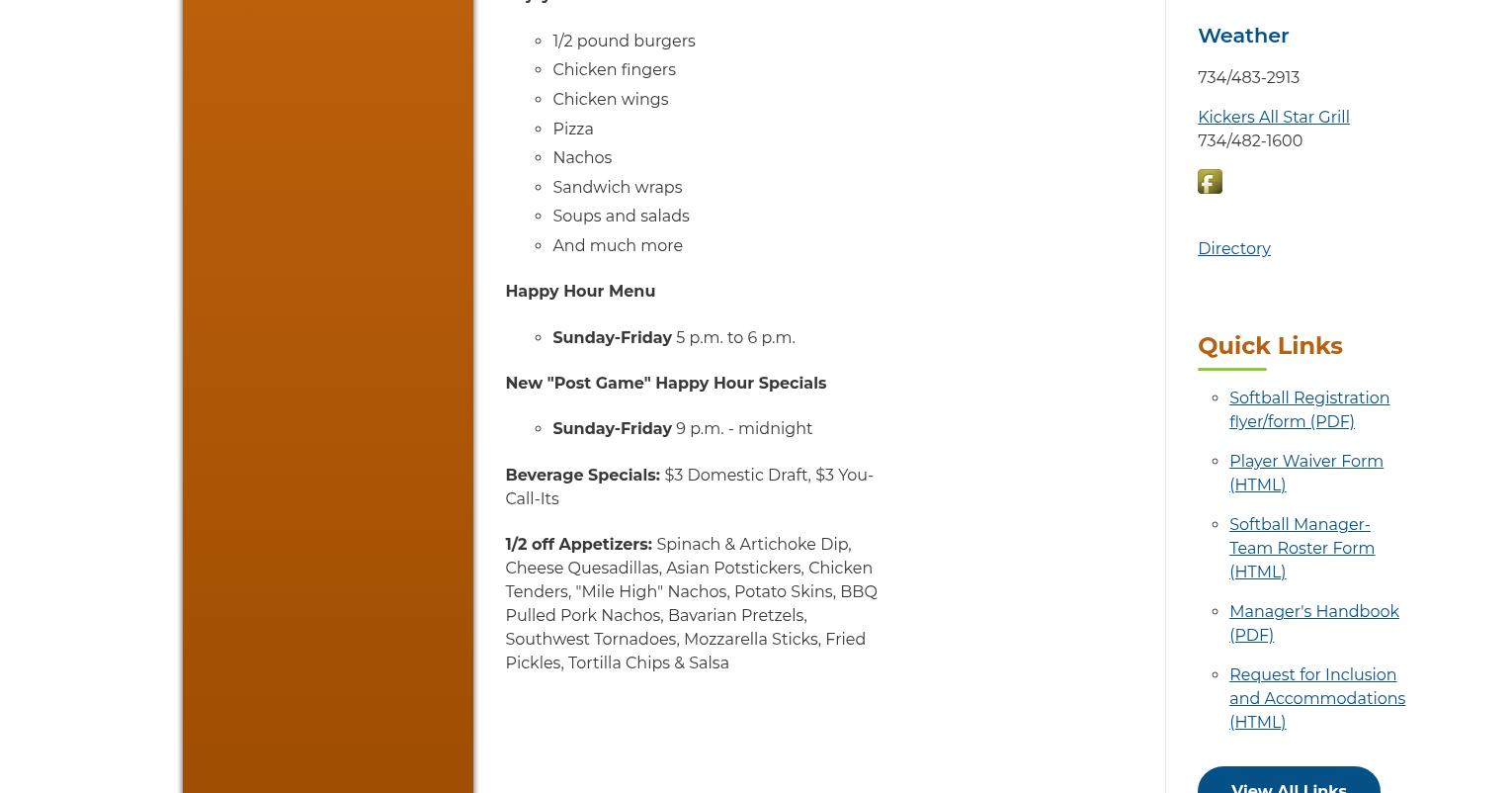 Kickers All Star Grill Menu