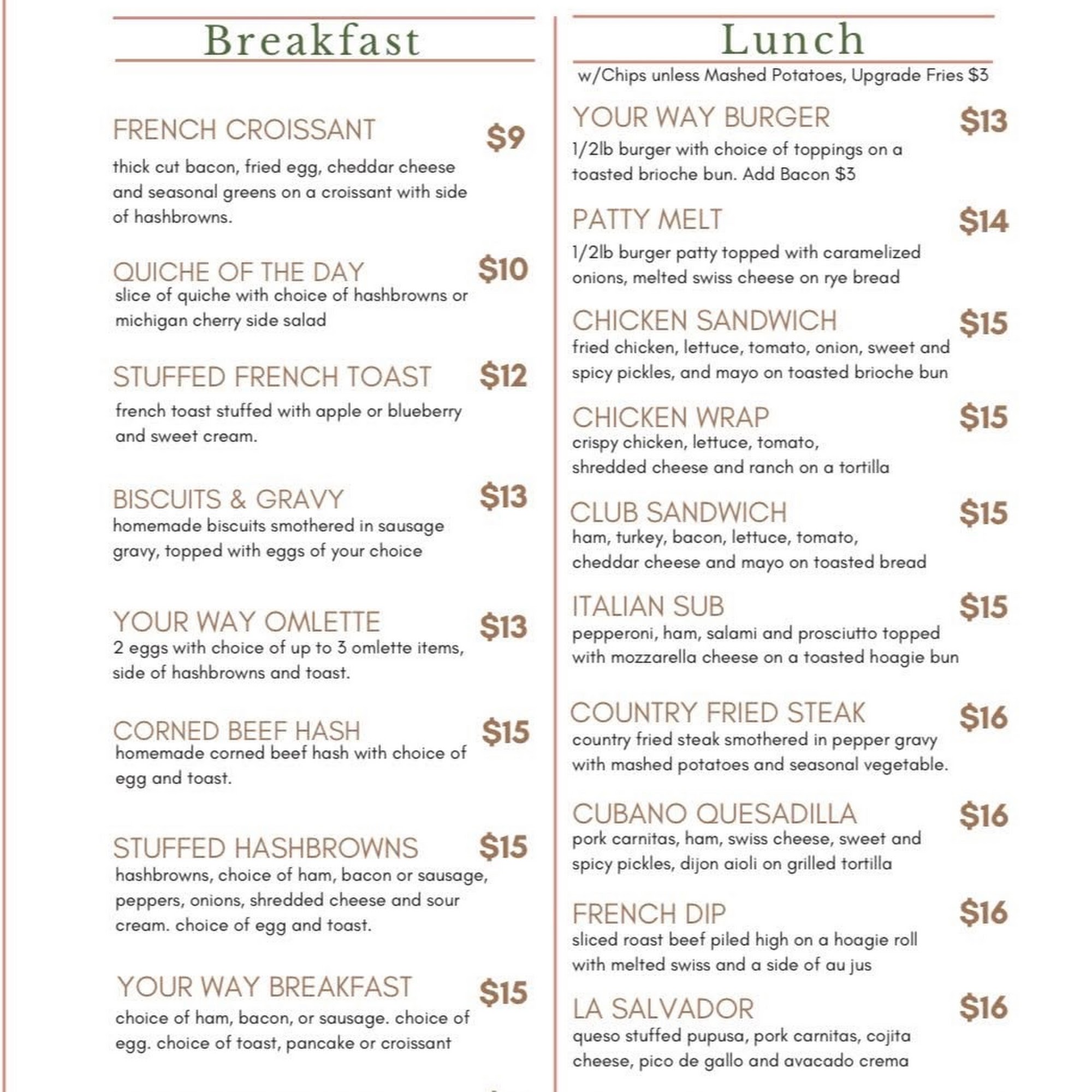 Downtown Bistro and Bakery Menu
