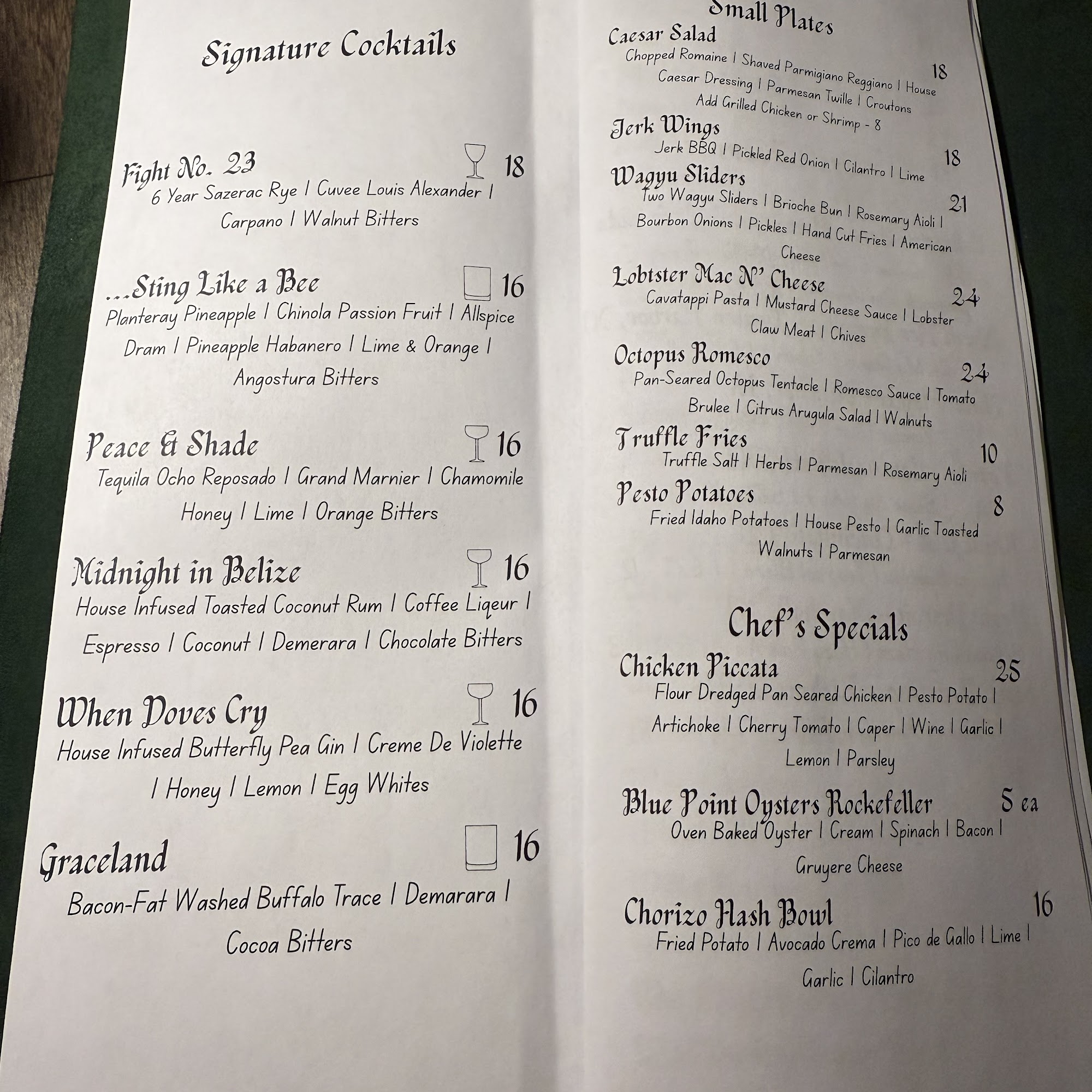 The Viridian Room Menu