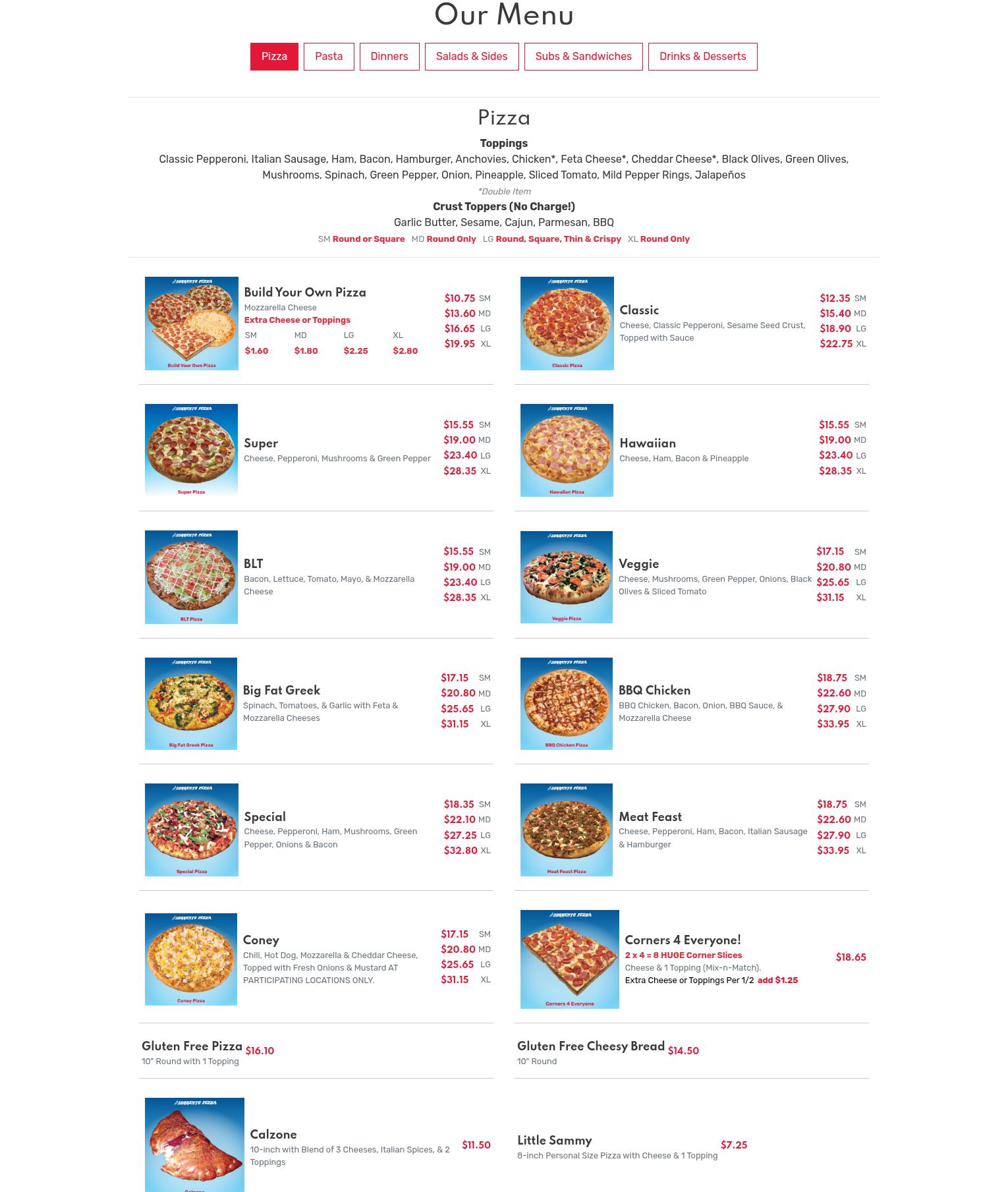 Sam's Sorrento Pizza Inc Menu