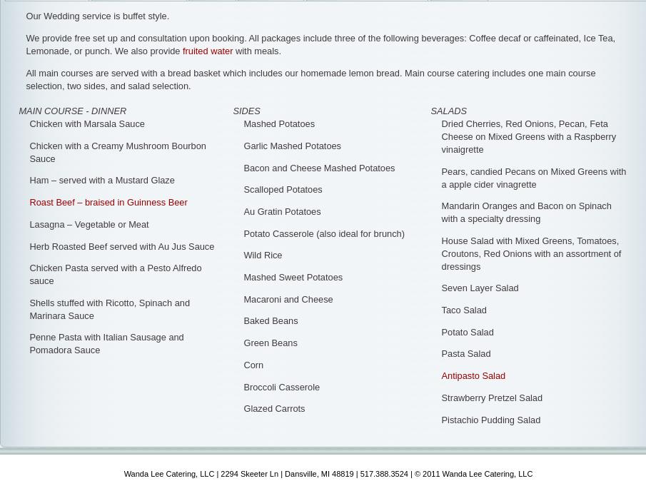 Wanda Lee Catering Menu