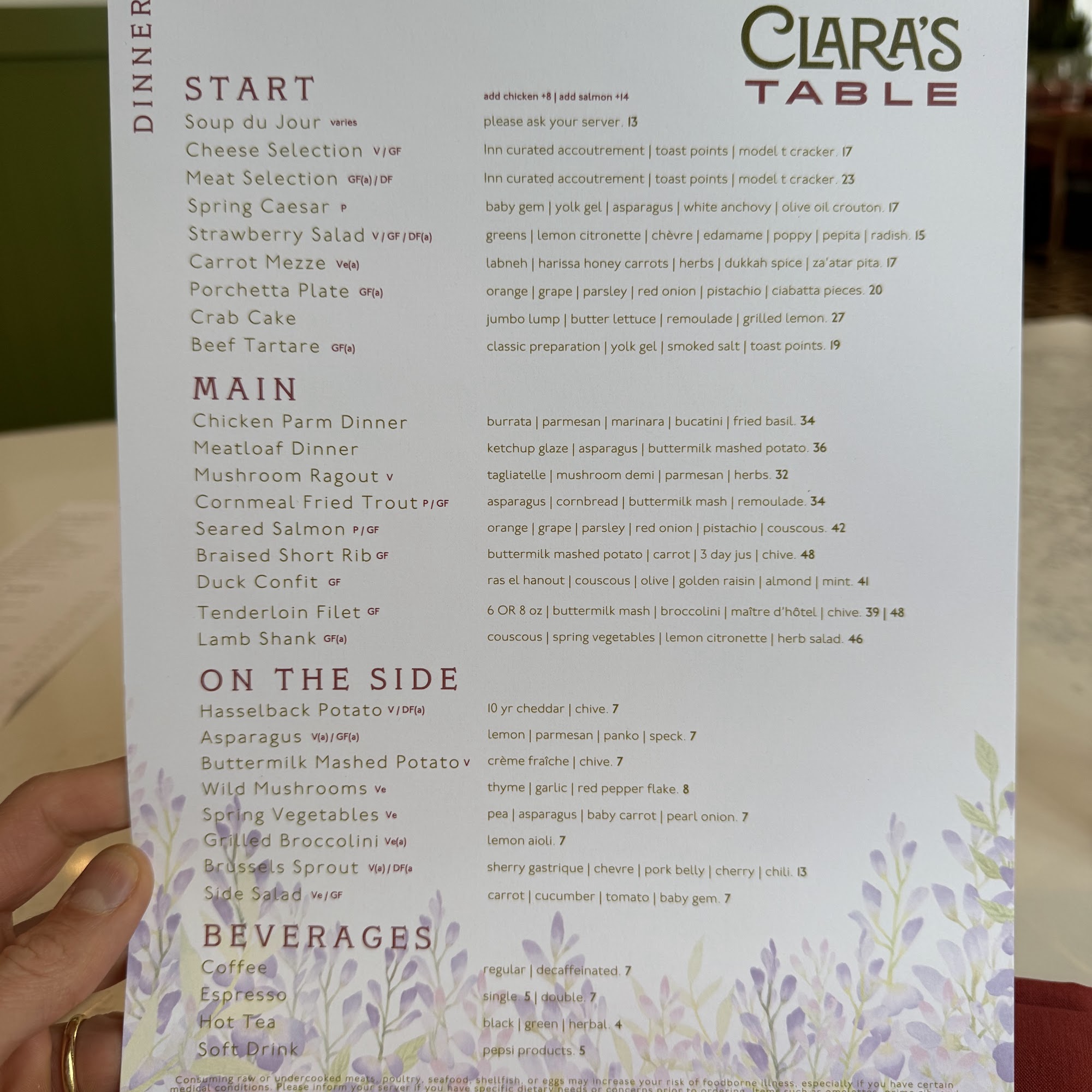 Clara's Table Menu