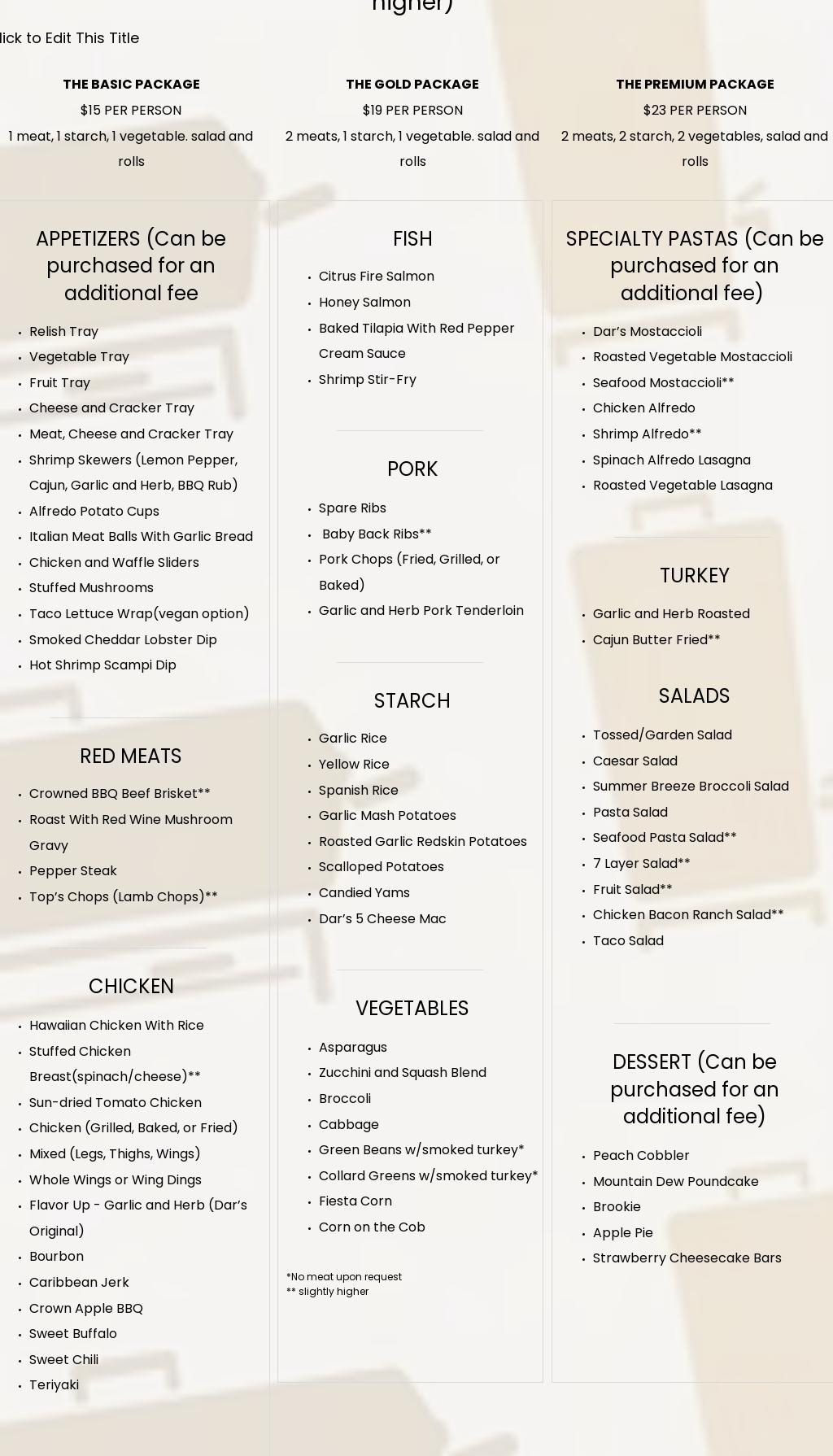 Premium Taste Catering Menu