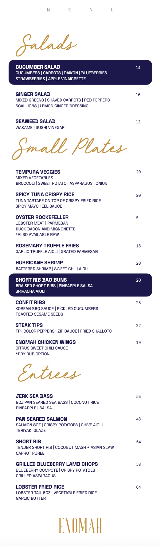 Enomah Detroit Menu