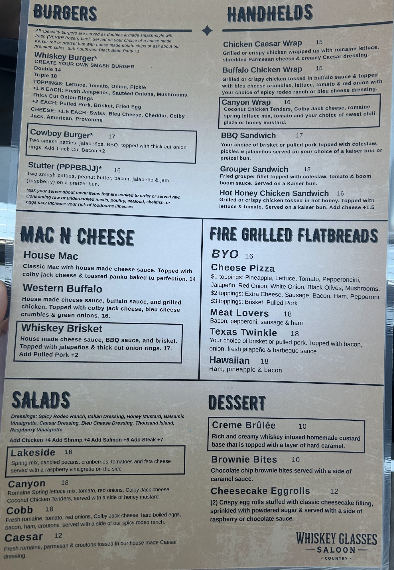 Whiskey Glasses Saloon Menu