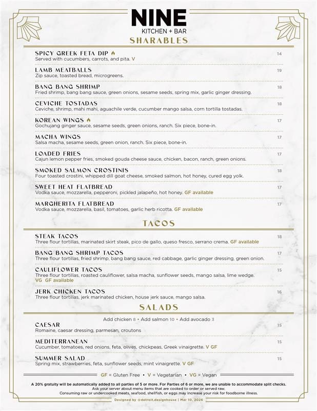 Nine Kitchen + Bar Menu