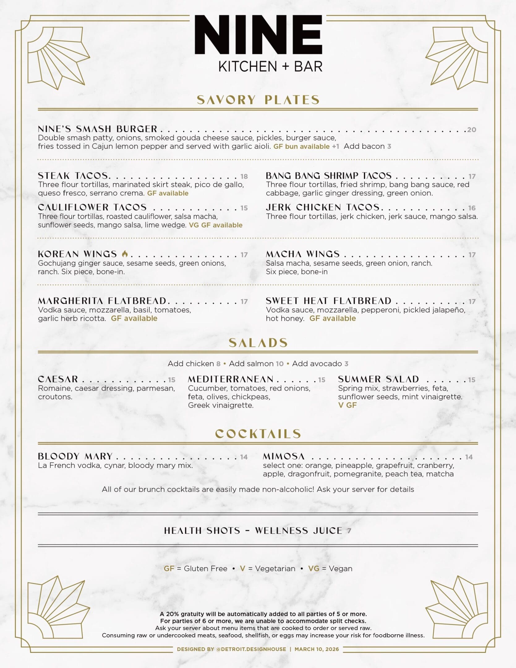 Nine Kitchen + Bar Menu