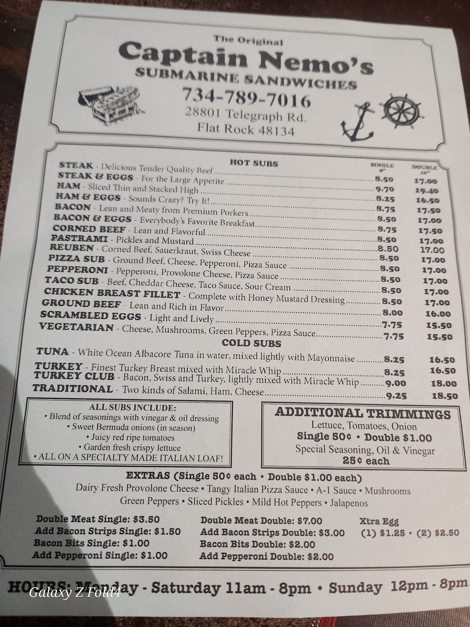 Captain Nemo’s Sandwiches Flat Rock Menu