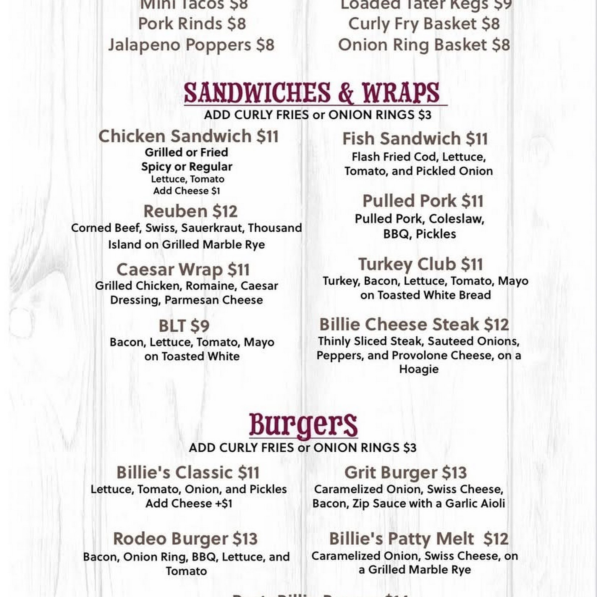 RiverBillies Menu