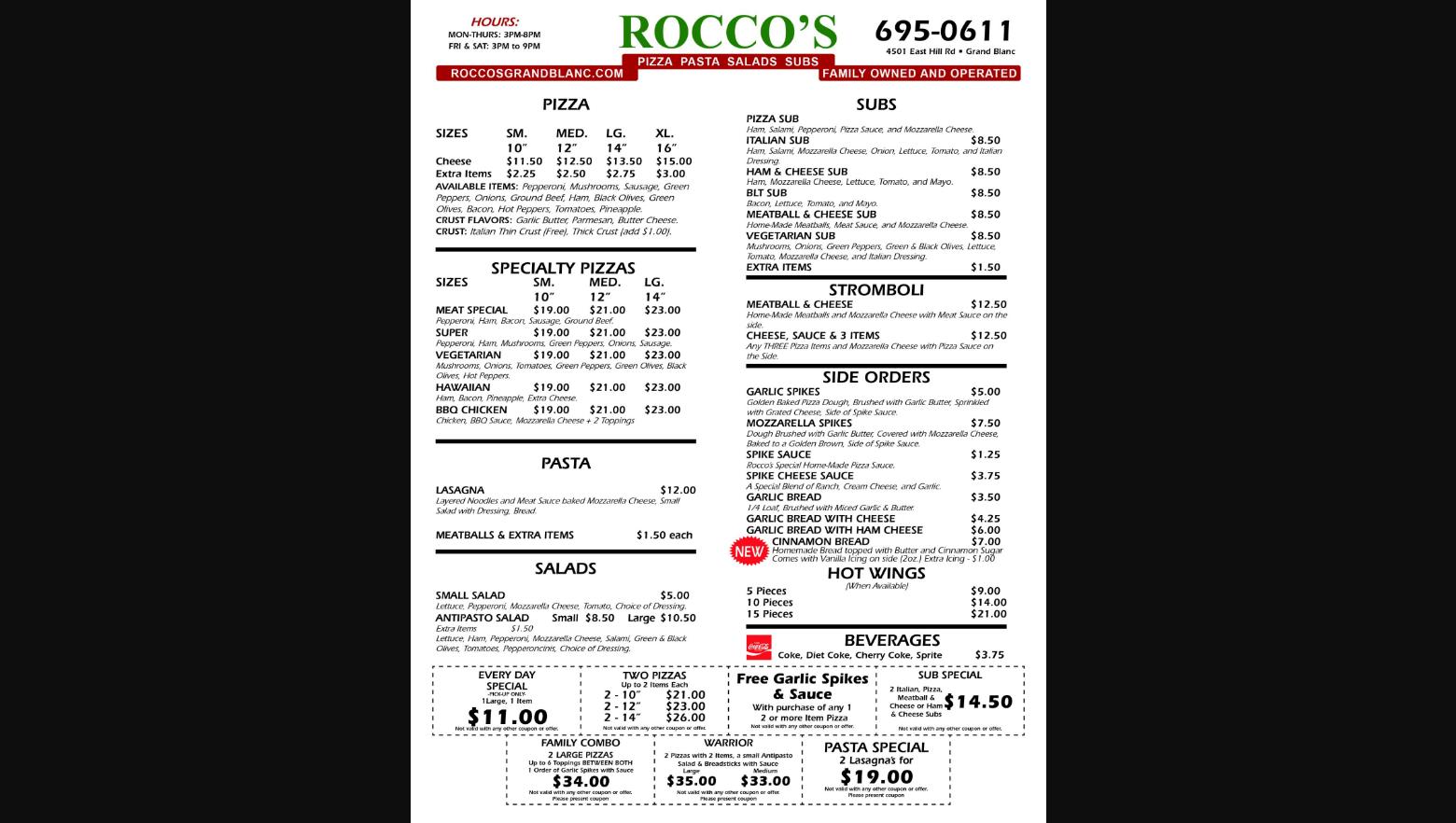 Rocco's Menu