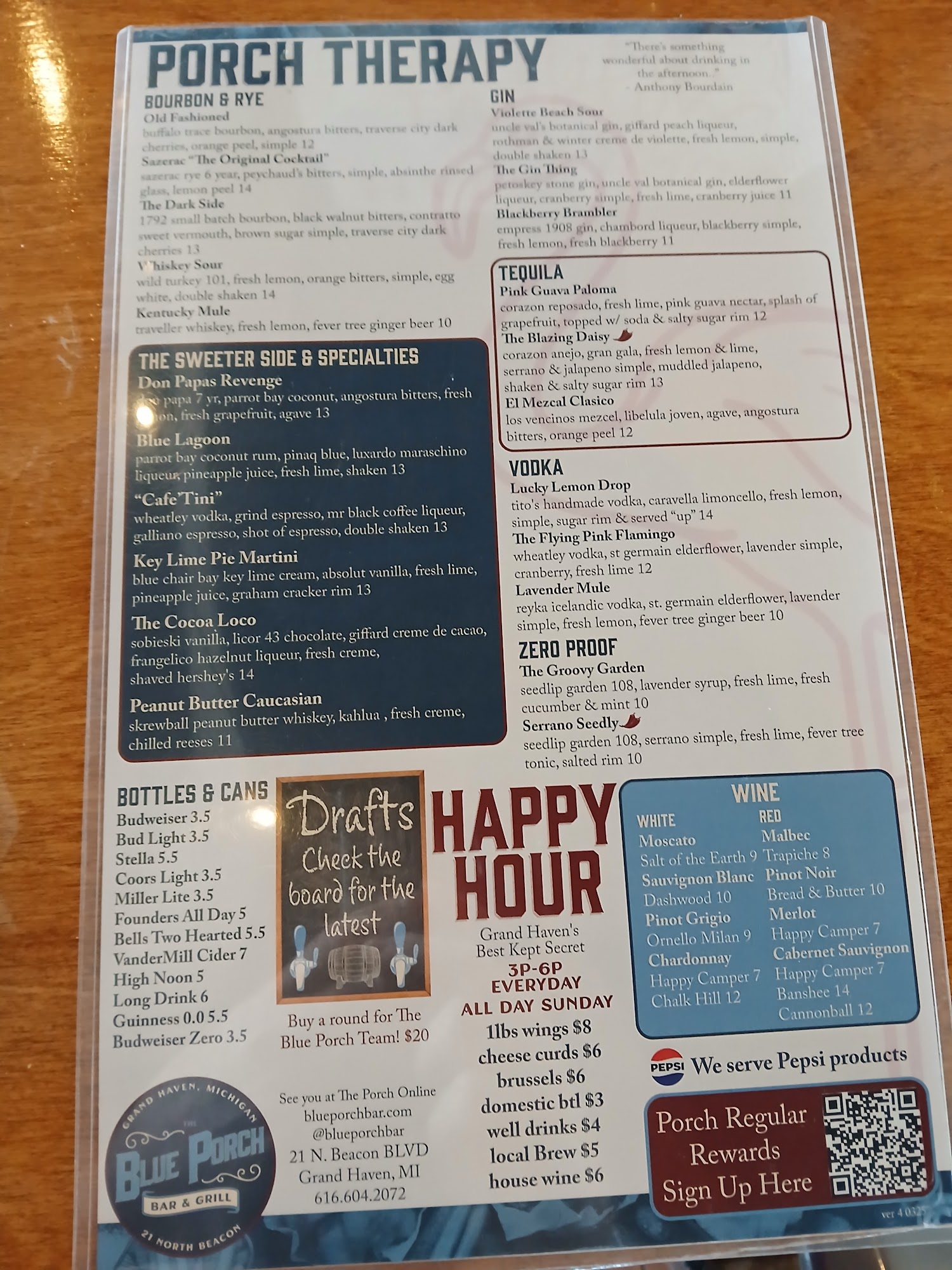 The Blue Porch Bar & Grill Menu