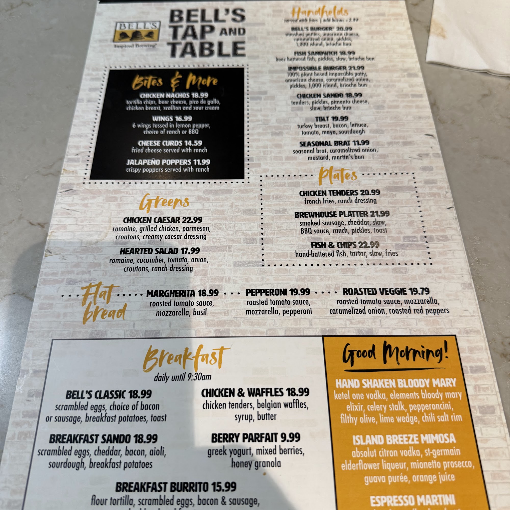 Bell's Tap and Table Menu