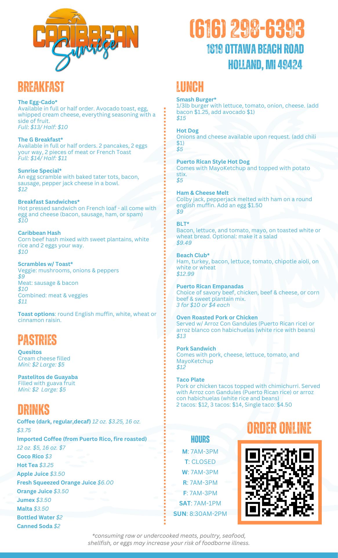 Caribbean Sunrise Menu
