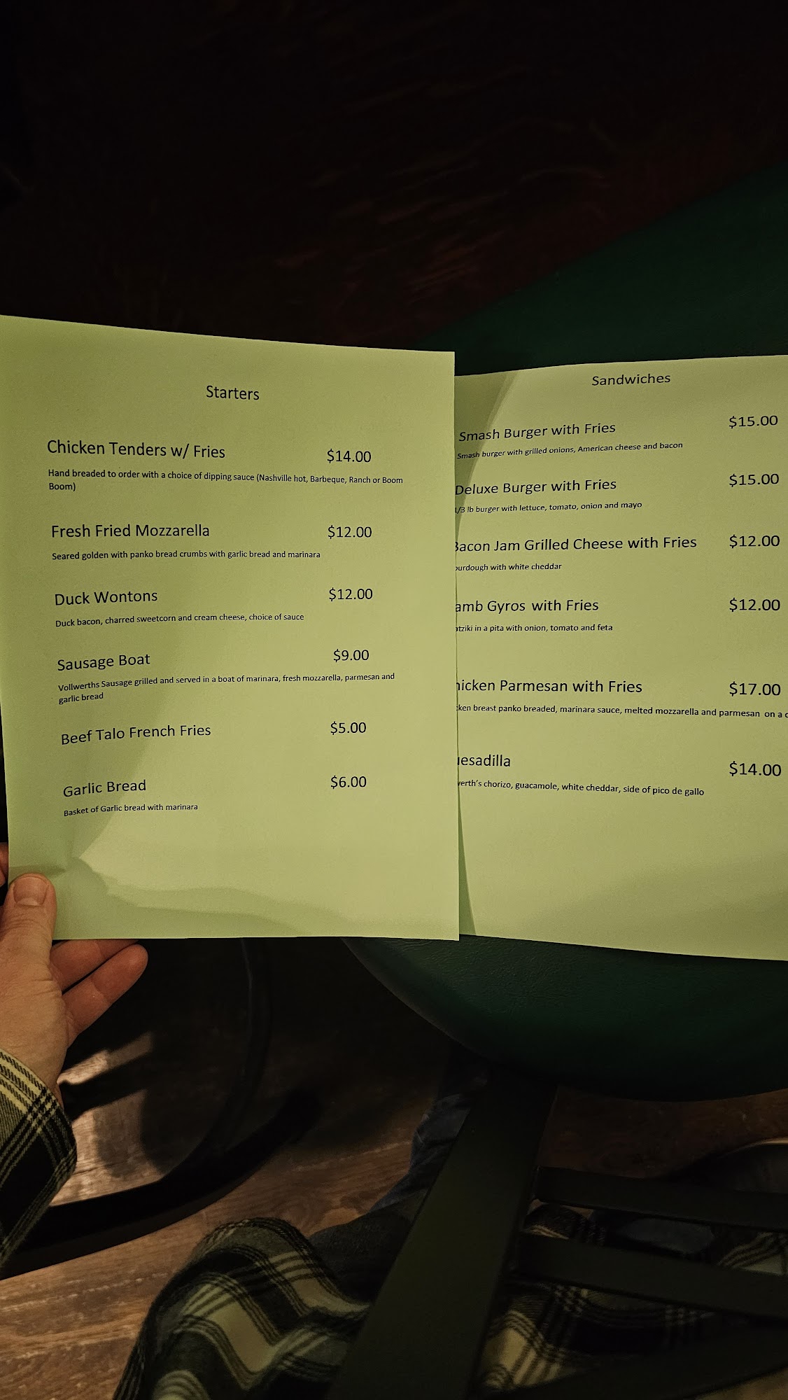 Douglas House Saloon Menu