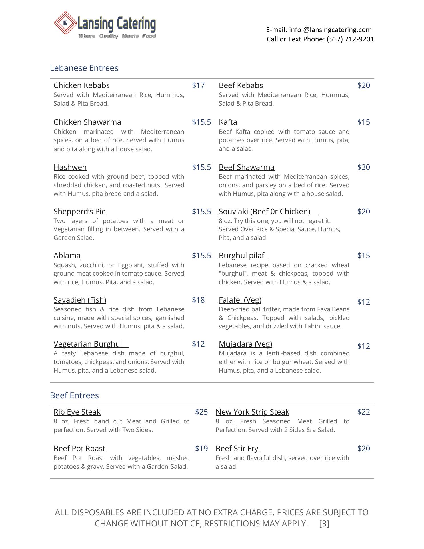 Lansing catering LLC Menu