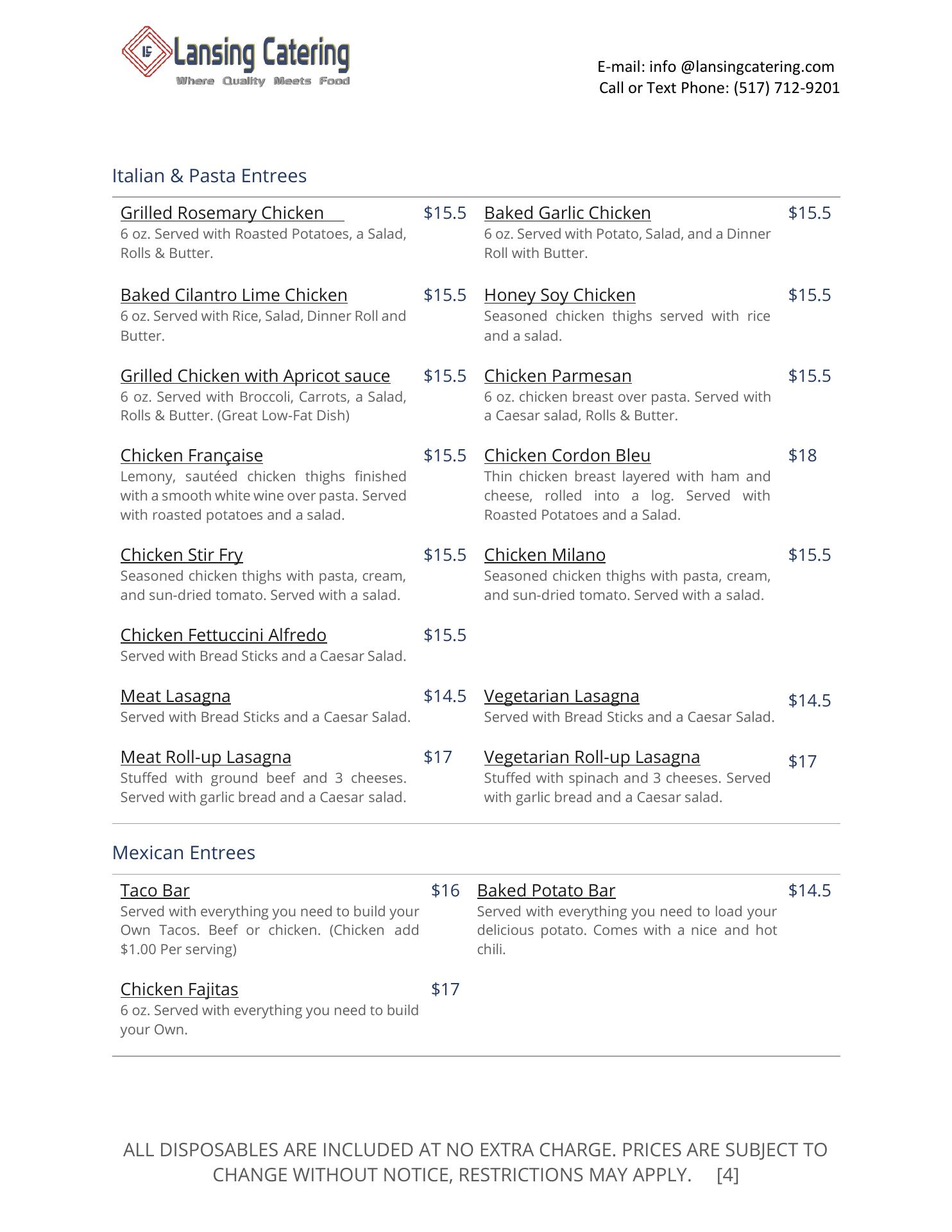 Lansing catering LLC Menu
