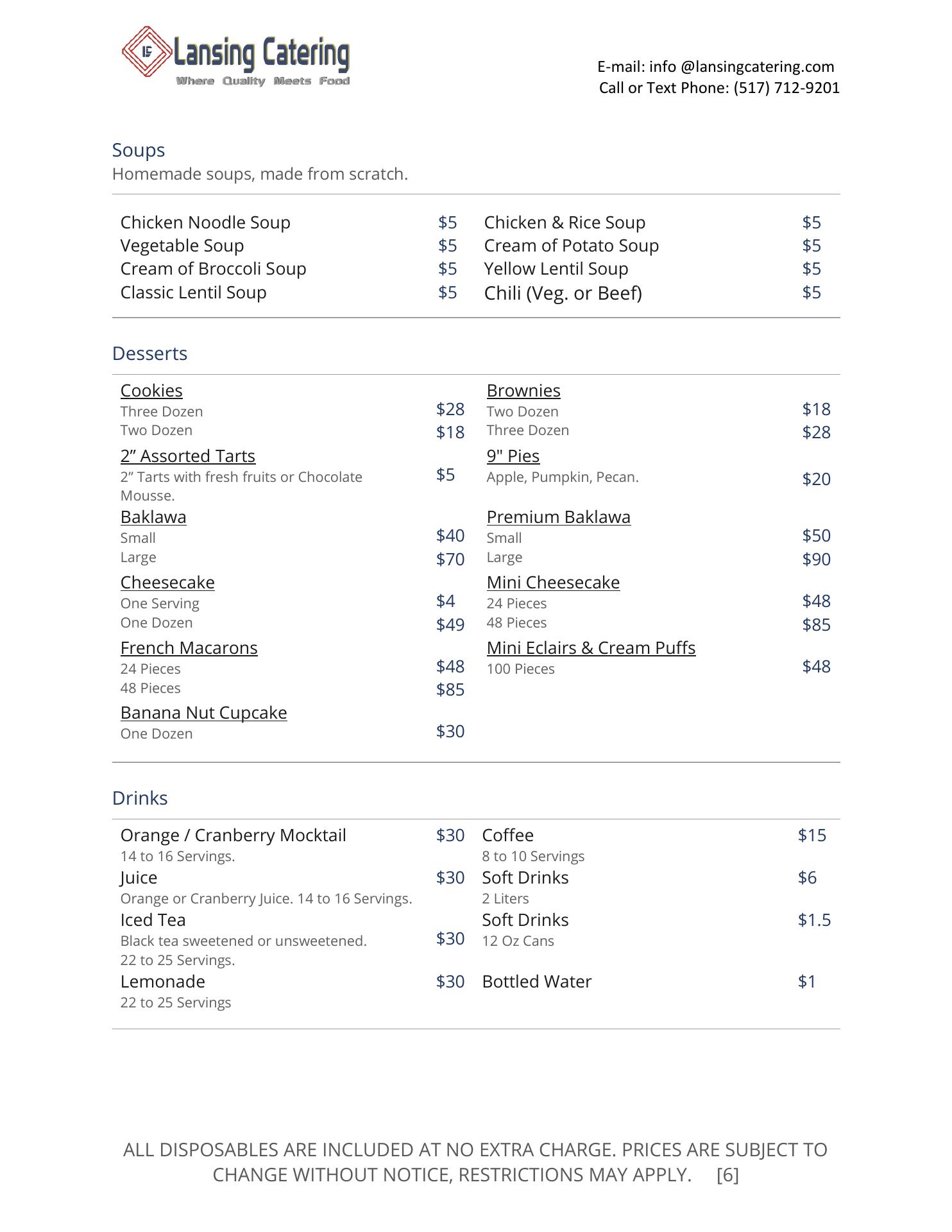 Lansing catering LLC Menu