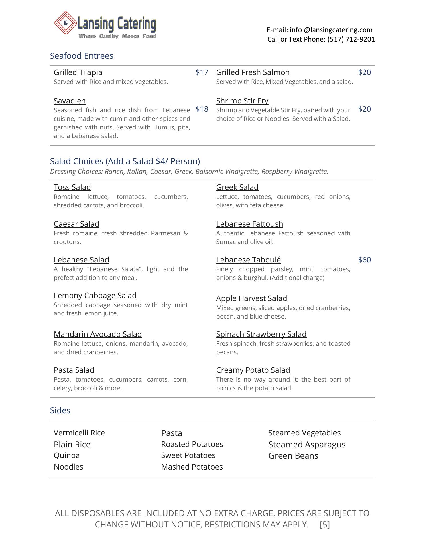 Lansing catering LLC Menu
