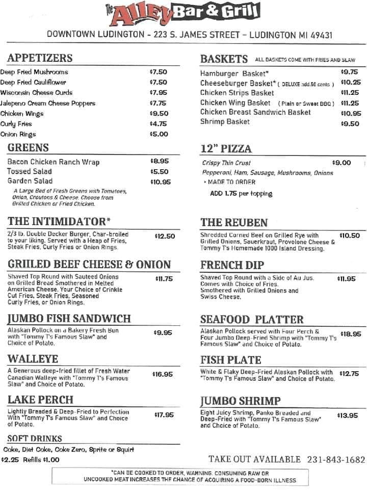 The Alley Bar & Grill Menu