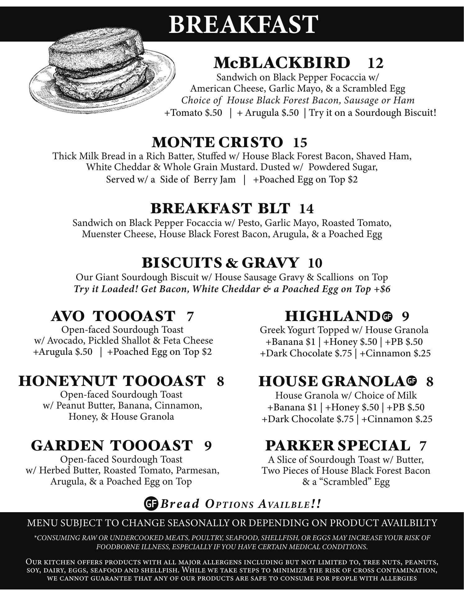 Blackbird Cafe & Baking Company Menu