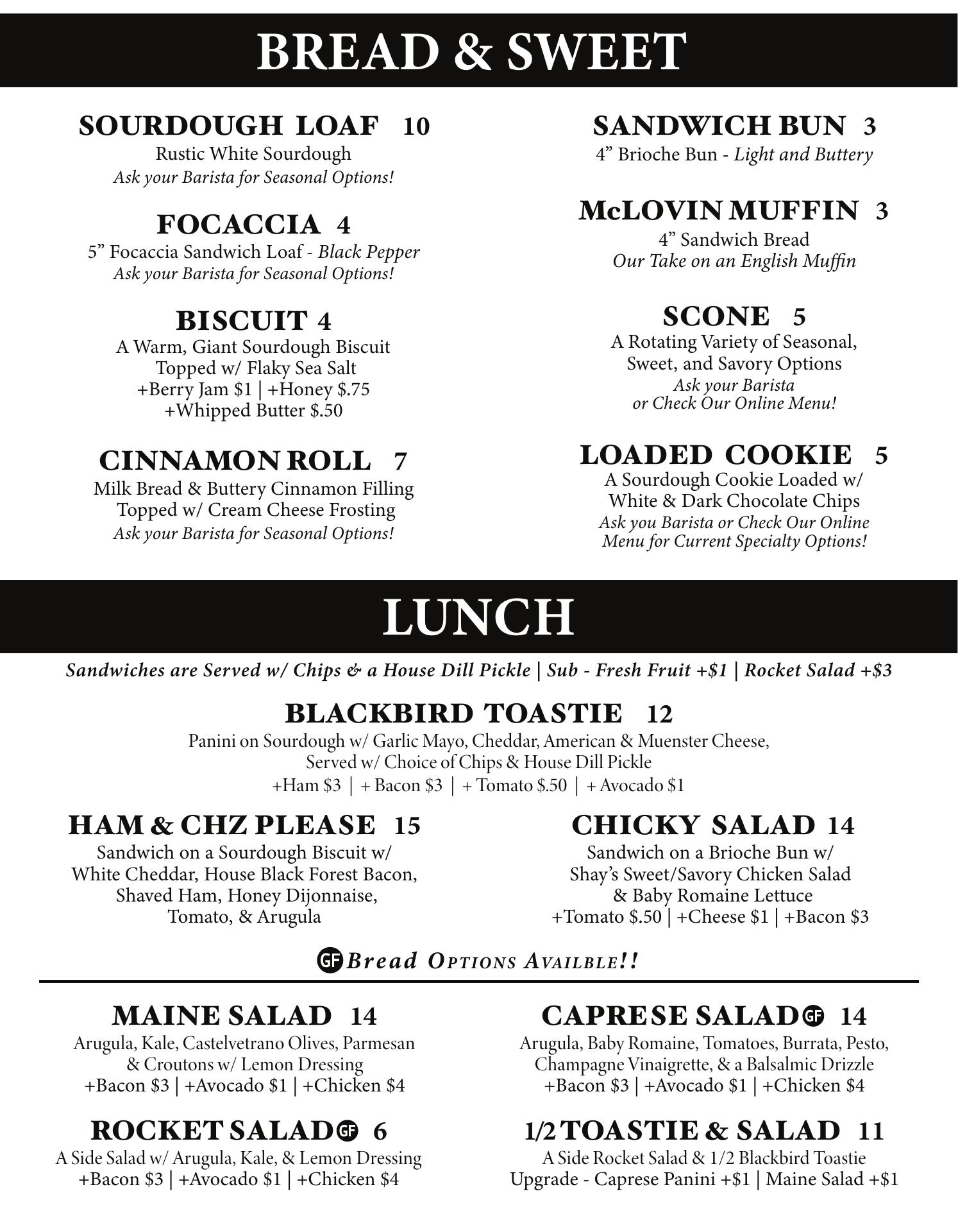 Blackbird Cafe & Baking Company Menu
