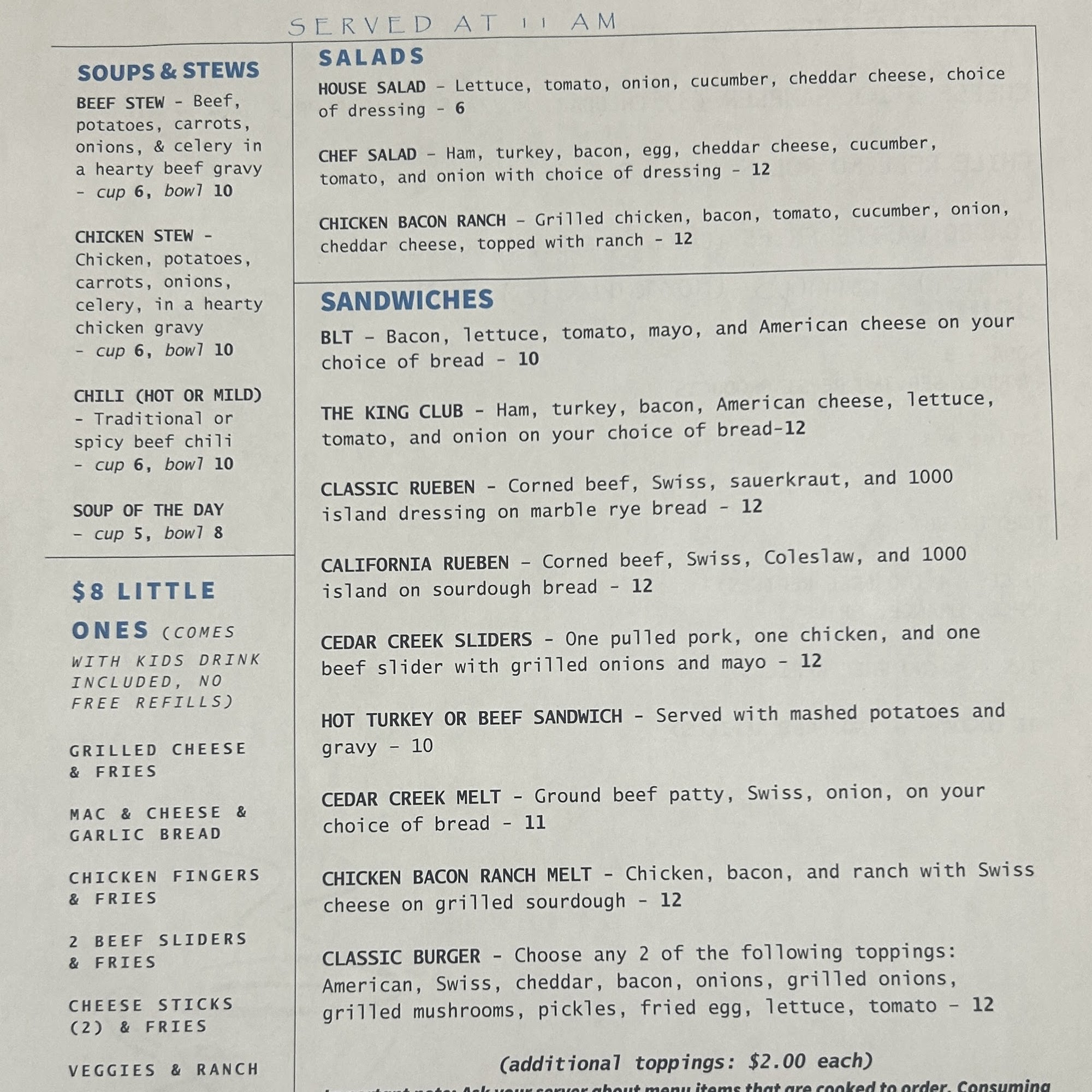 Cedar Creek Cafe Menu